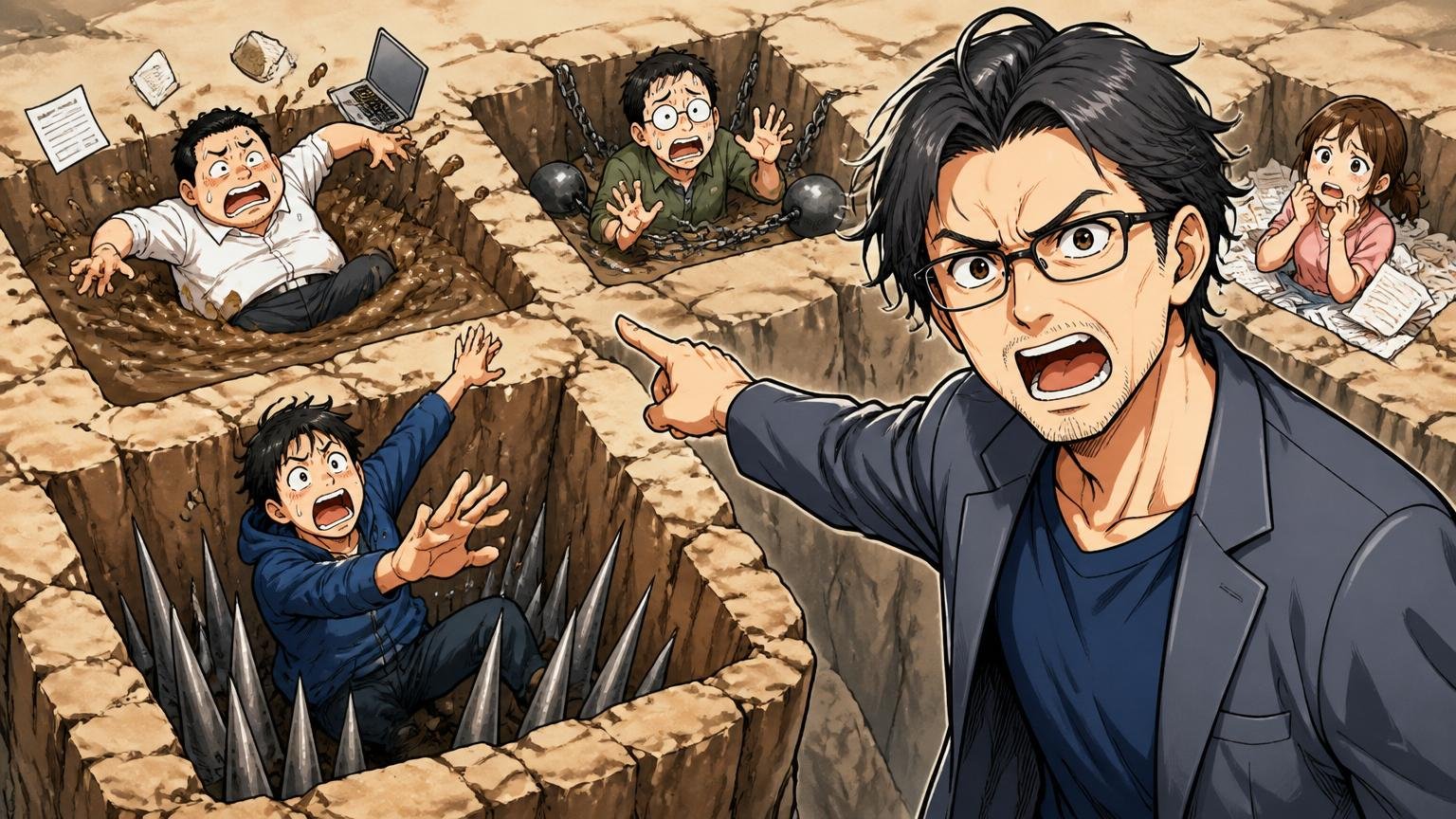 年収アップ転職でつまずく人の共通パターン。転職の落とし穴を指さして注意を促すベテランエンジニア1人