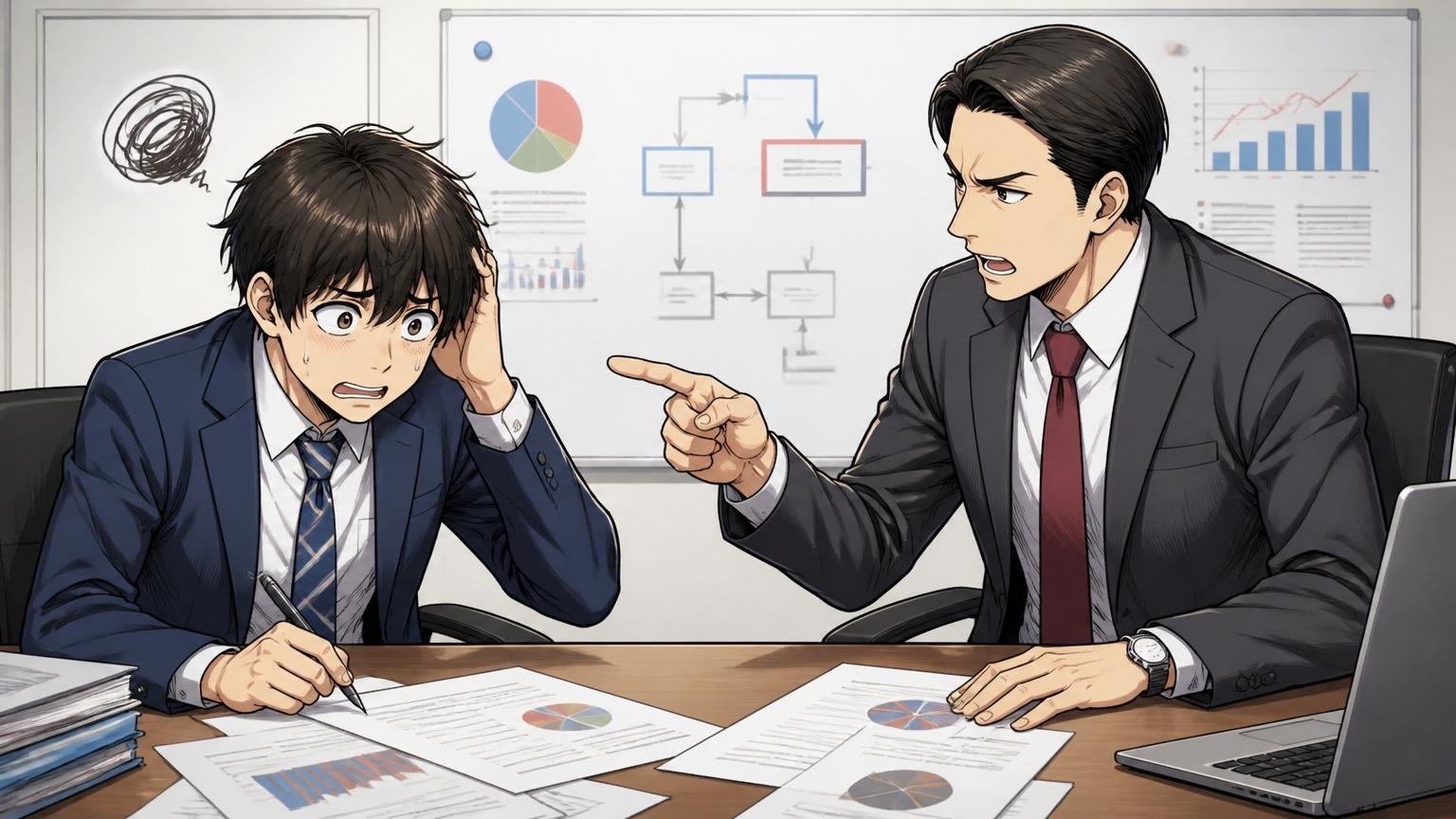 業界構造を理解せずなんとなく動く失敗。会議室で若手男性が先輩に諭される