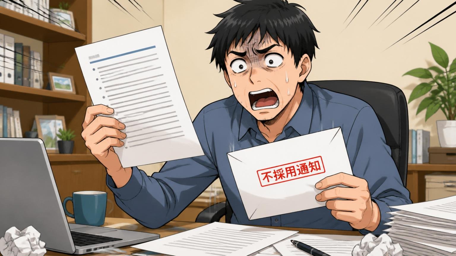 失敗④:職務経歴書を「業務内容の羅列」で出してしまう。自宅のデスクで30代男性が業務内容コピペの職務経歴書を眺めながら不採用通知を受け取り愕然とする