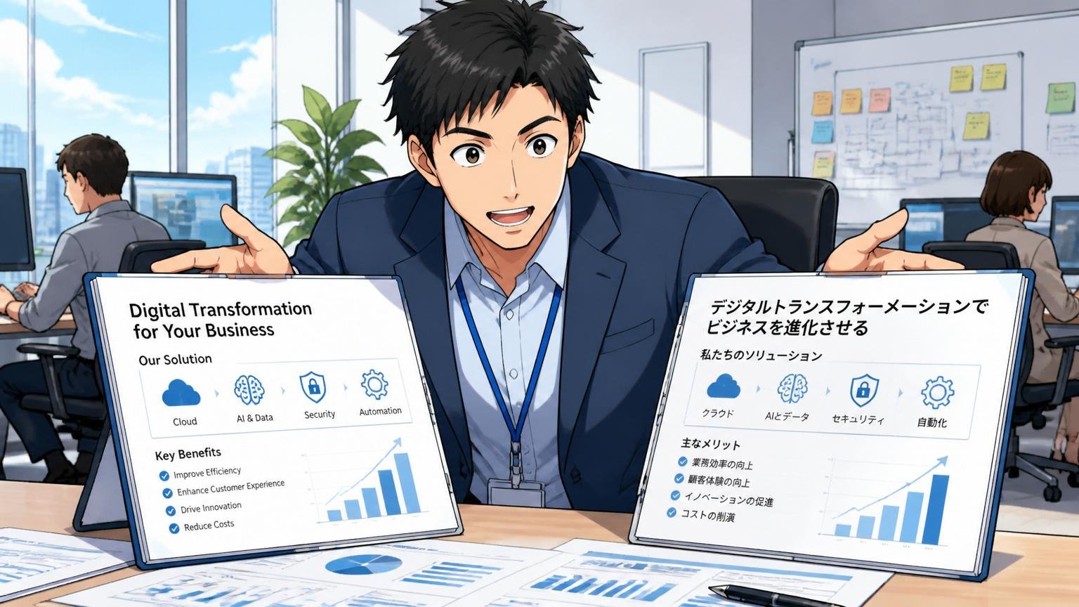外資ITベンダーの東京オフィスで日本人顧客向けの提案資料を英語と日本語で並べる30代のITスペシャリスト1人