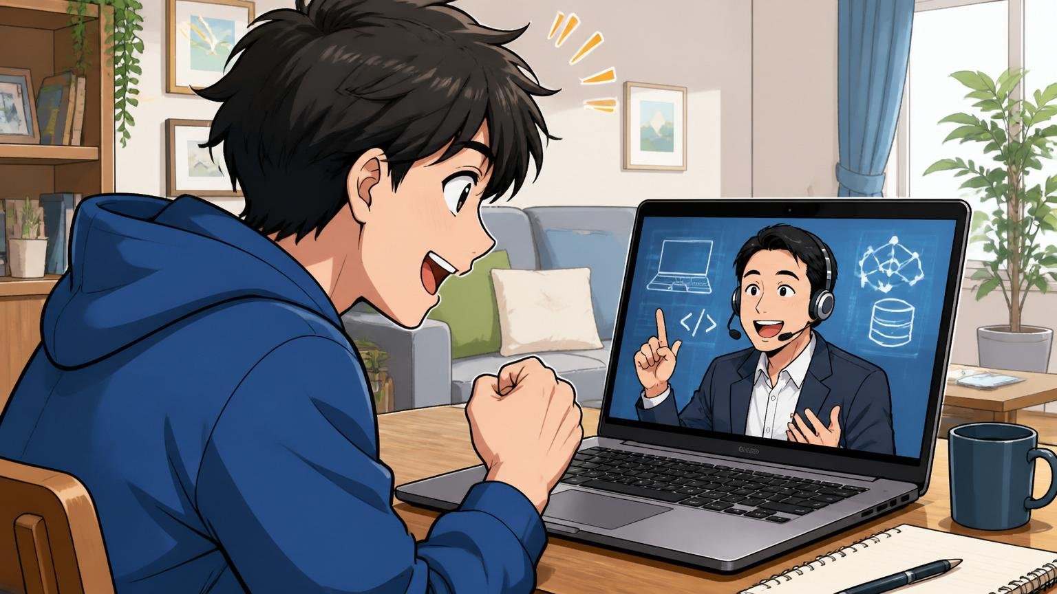 自宅のリビングからオンラインでIT特化型エージェントと面談するエンジニア