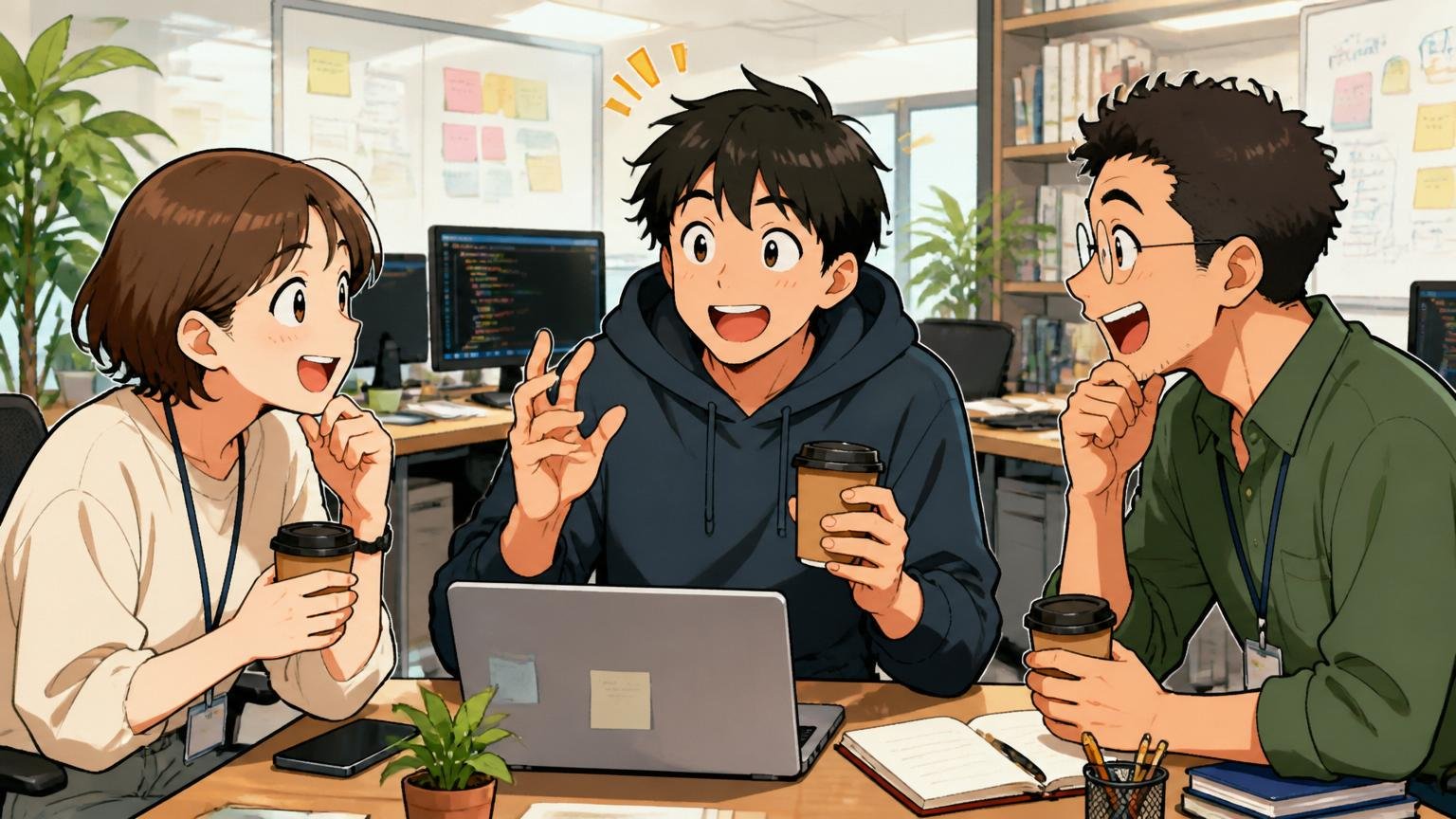 Web系スタートアップのオフィスでエンジニア1人と採用担当2人がカジュアルにコーヒー片手に対話する