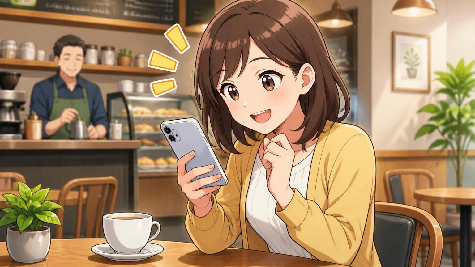 エージェントは無料かを、カフェで20代女性が安心した表情でスマホを見る場面