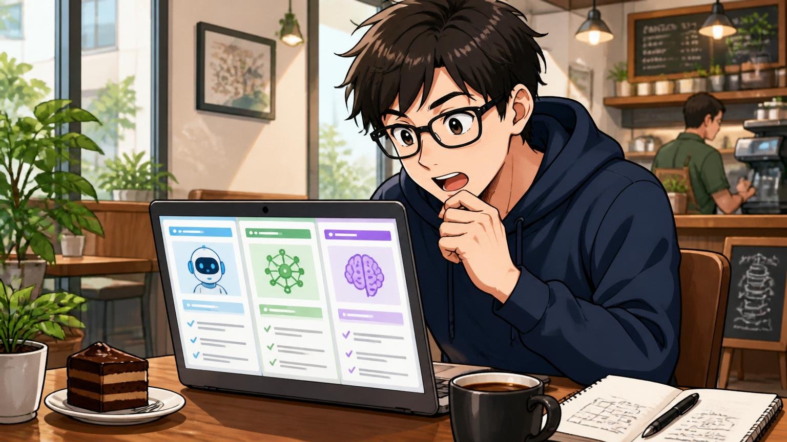 IT特化型エージェント3選。カフェでノートPCを開きエージェントの公式サイトを比較する男性エンジニア1人