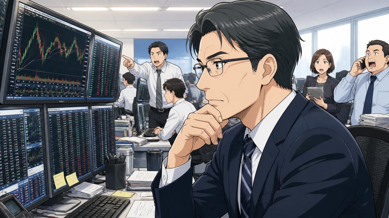 投資銀行のフロアで株価チャートを確認する40代男性アナリスト1名、冷静な表情