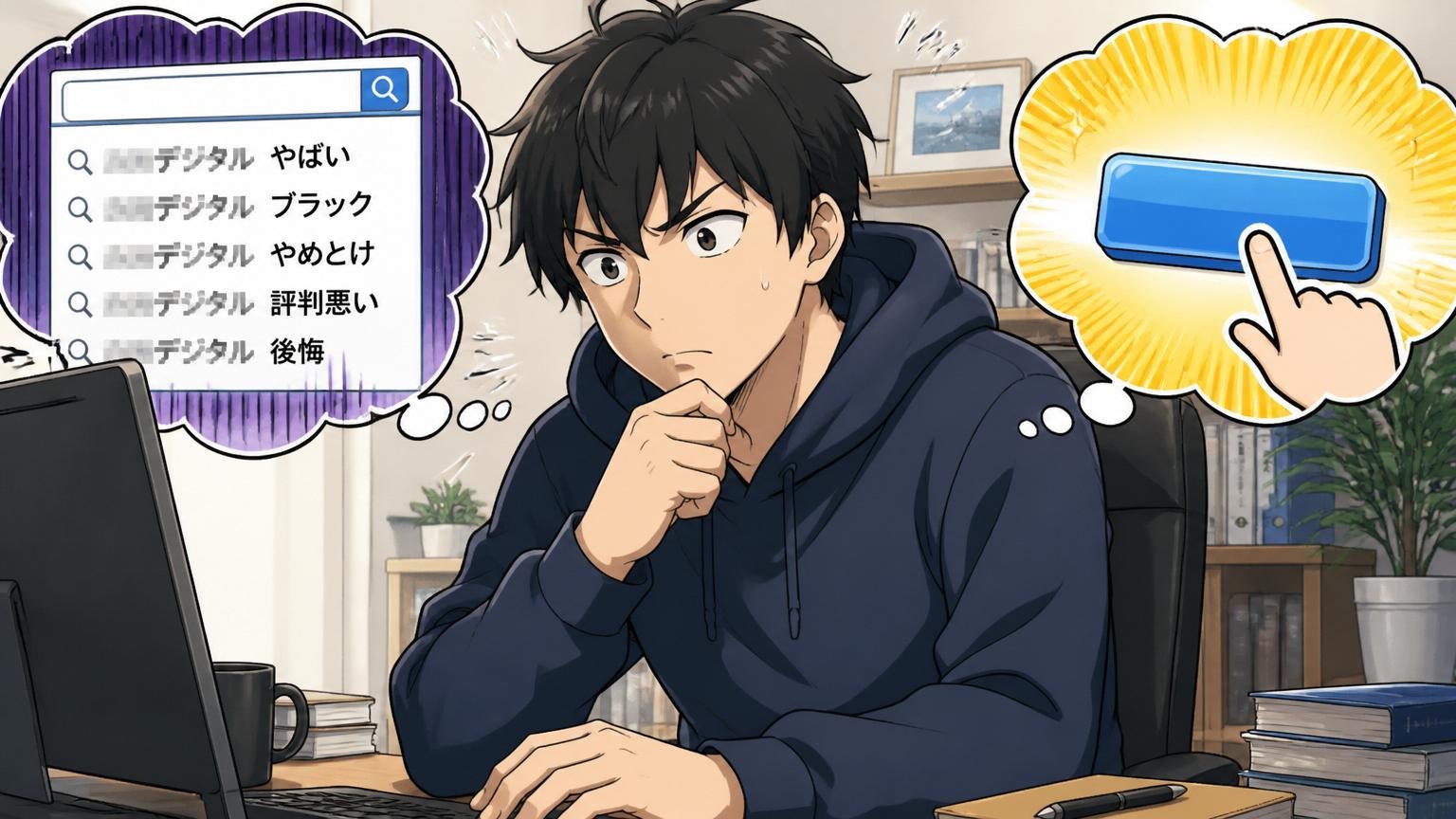 YEデジタル やばいのサジェストを見たら応募はやめるべきか 自宅のデスクで応募ボタンを押すか迷うエンジニア1人、思案する表情