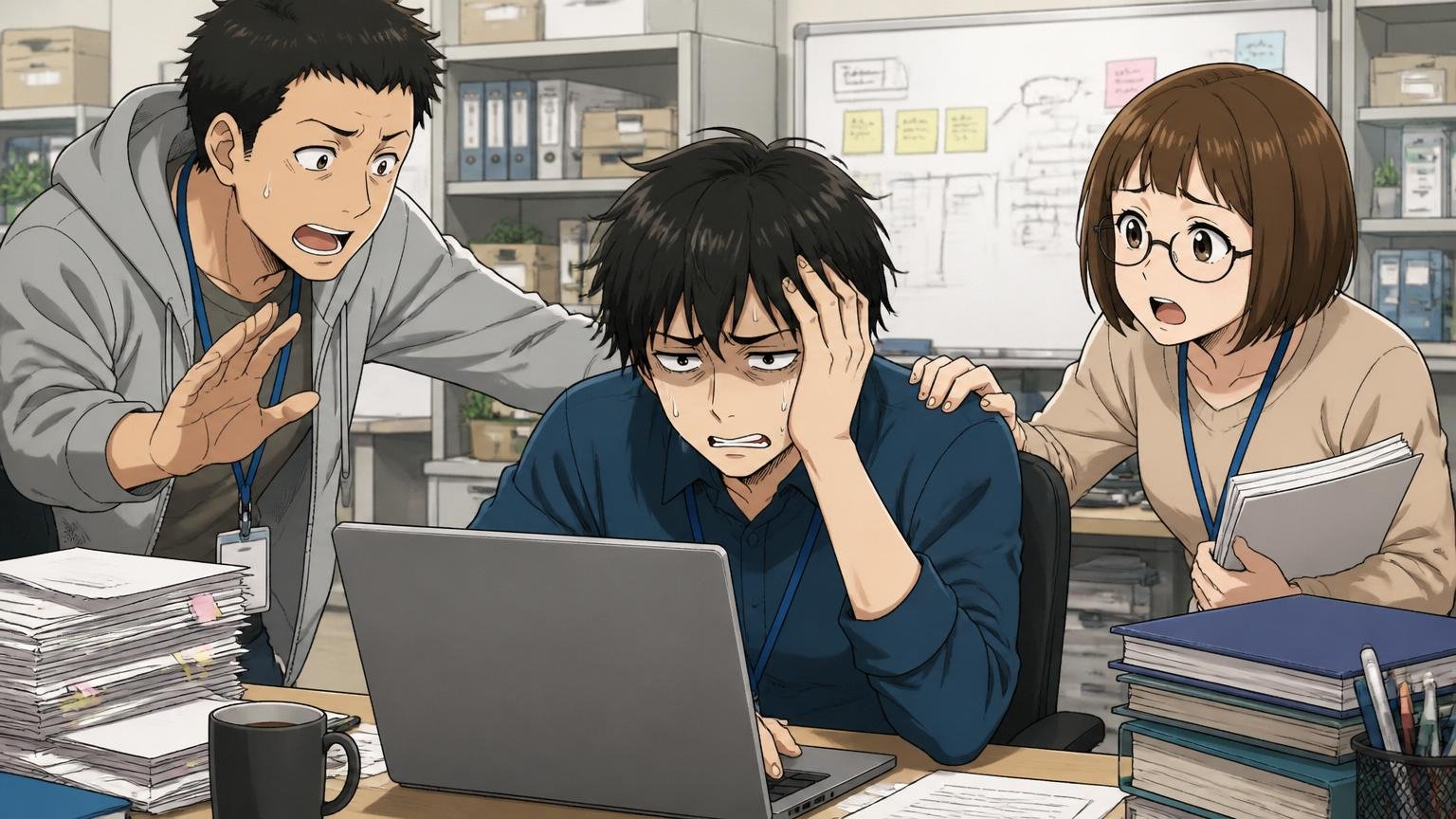 自社開発企業に転職したが少人数で激務になりPCに向かって疲れた表情の20代後半男性エンジニア1人とサポートする同僚2人