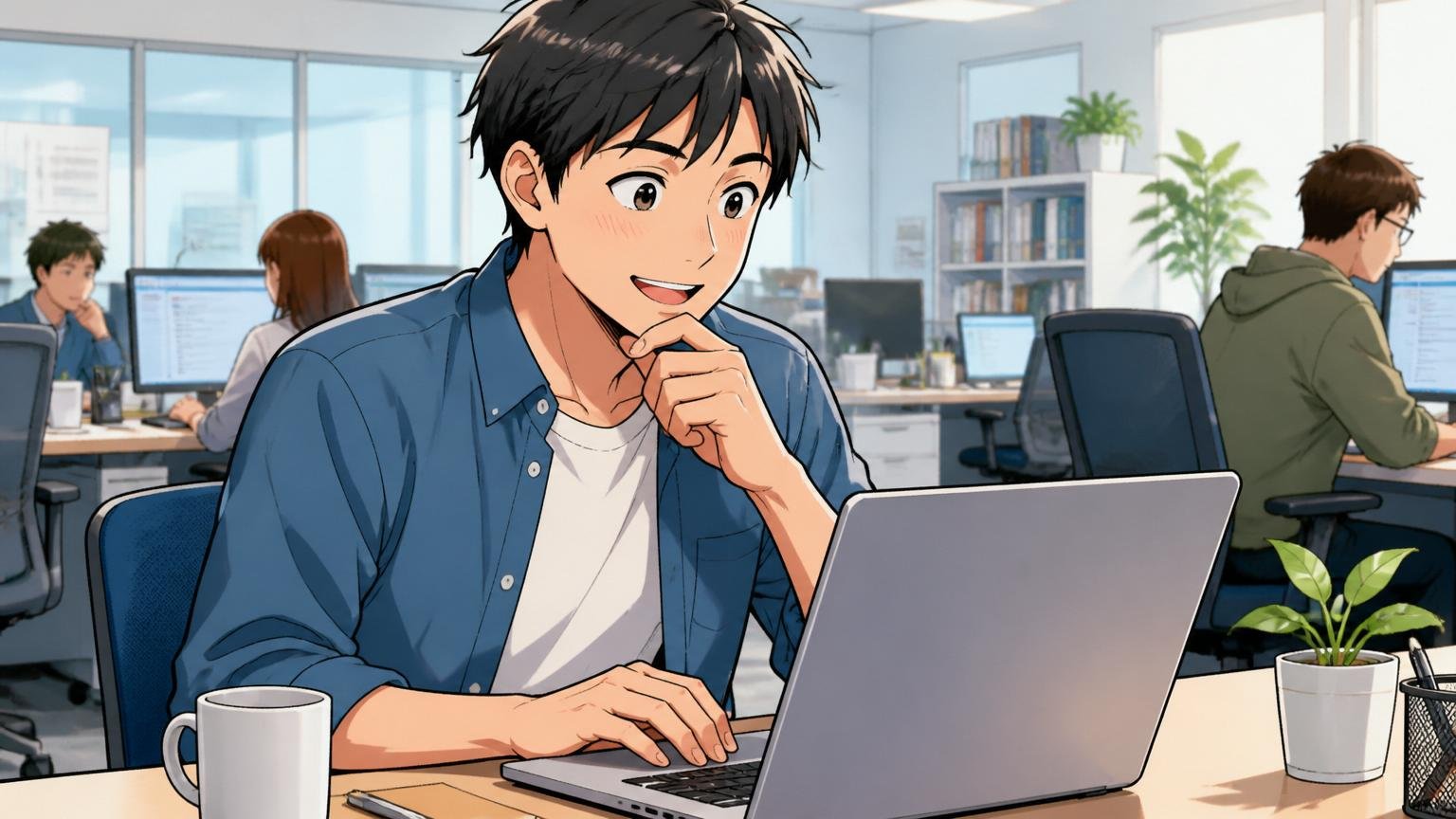 企業のオフィスで30代男性エンジニア1人がノートPCで転職エージェントの相談予約を入れる前向きな表情