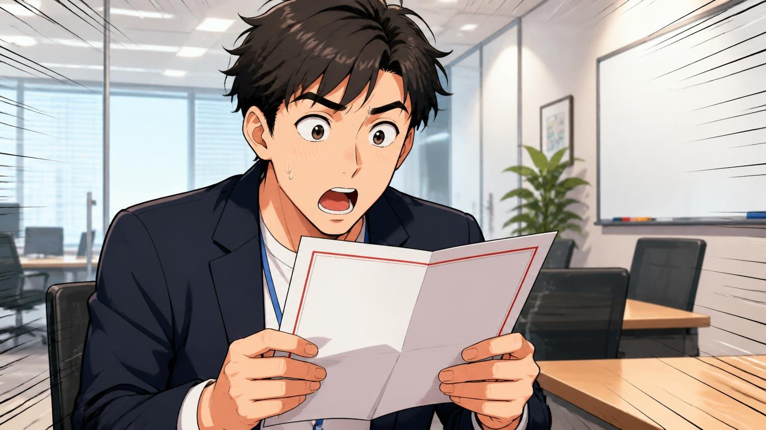 年収アップに強いIT特化型エージェントの特徴例/企業の会議室で30代男性エンジニアが内定通知書を見て驚いた表情