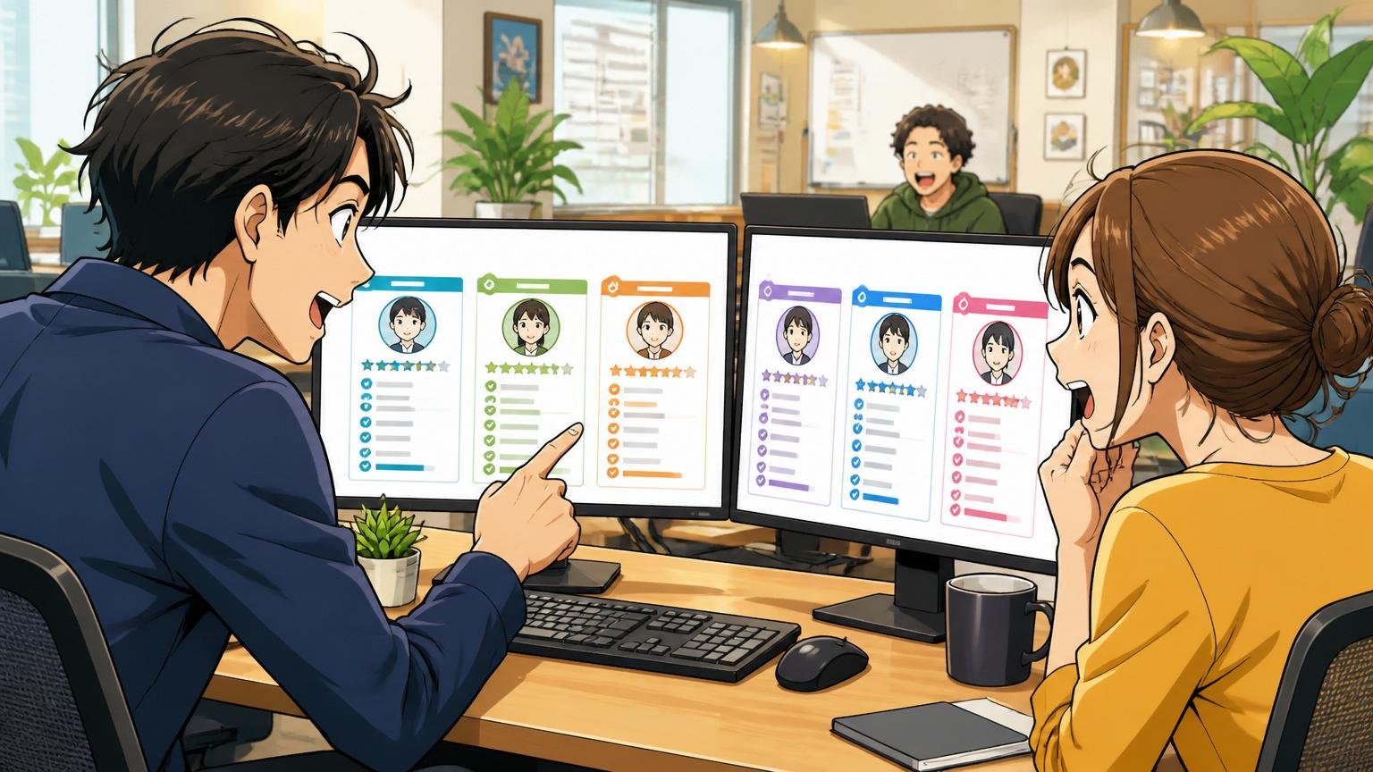 経験者向けIT特化型エージェントを比較するシーン Web系スタートアップ風オフィス 30代男女2人がモニターを並べて確認