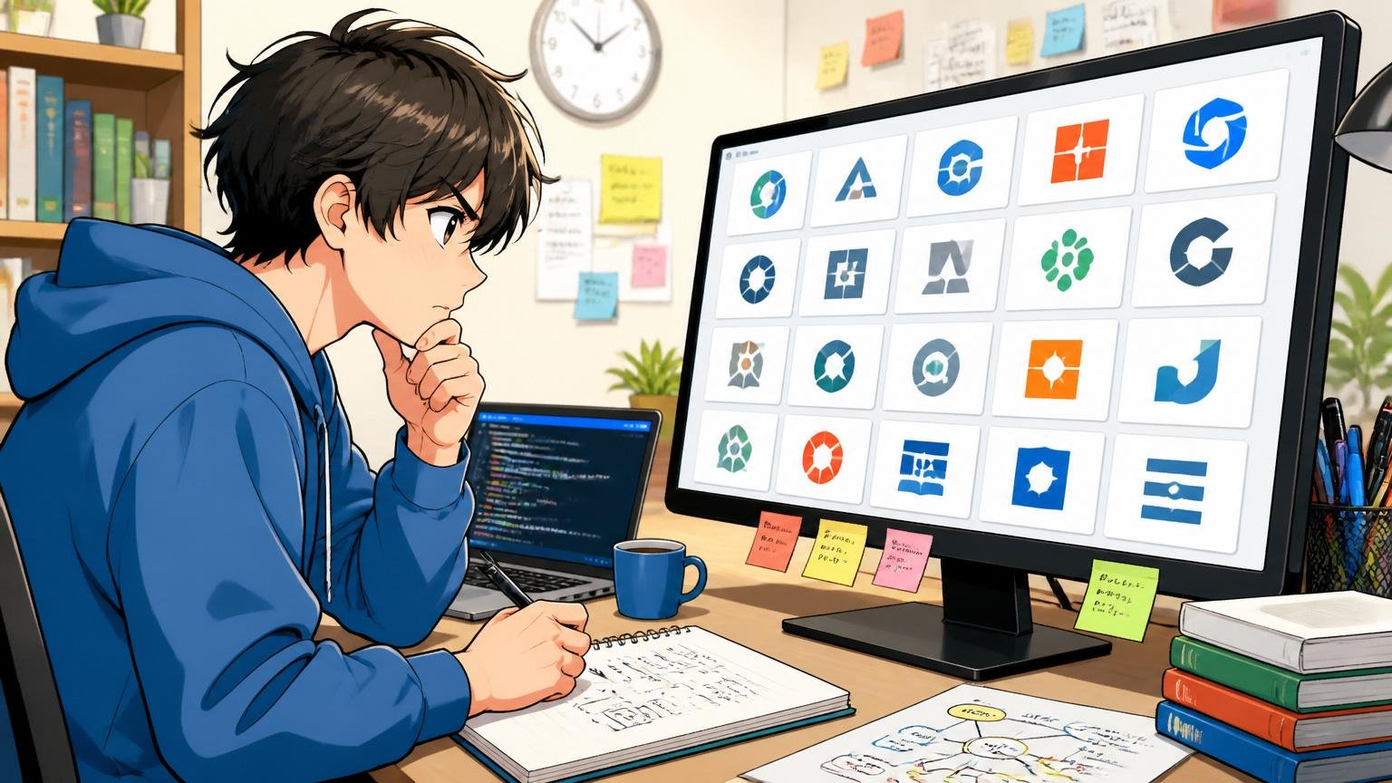 複数の企業のロゴが並ぶパソコン画面を見ながら応募戦略を考えるITエンジニア