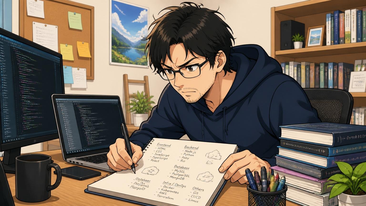 自宅のデスクで自分が触ってきた技術スタックをノートに書き出して棚卸しする30代男性エンジニア1人が真剣な表情でPC画面を見比べる