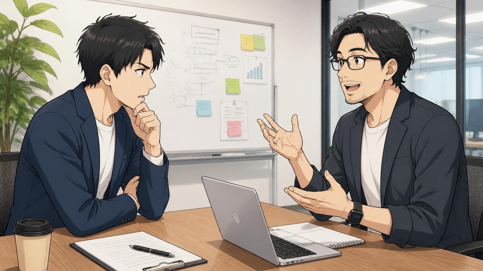 Web系スタートアップの会議室で「合わなかった人の特徴」について冷静に質問する30代男性候補者と誠実に答えるマネージャー