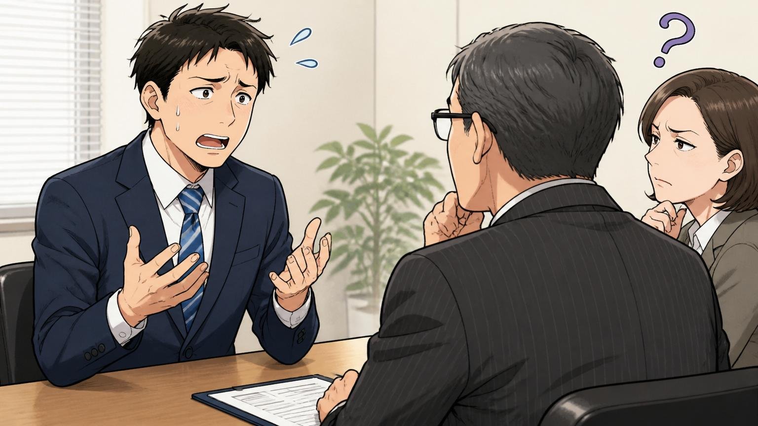 失敗⑤:転職理由を「現職の不満」だけで語ってしまう。企業の面接室で30代男性が緊張した表情で転職理由を不器用に説明する