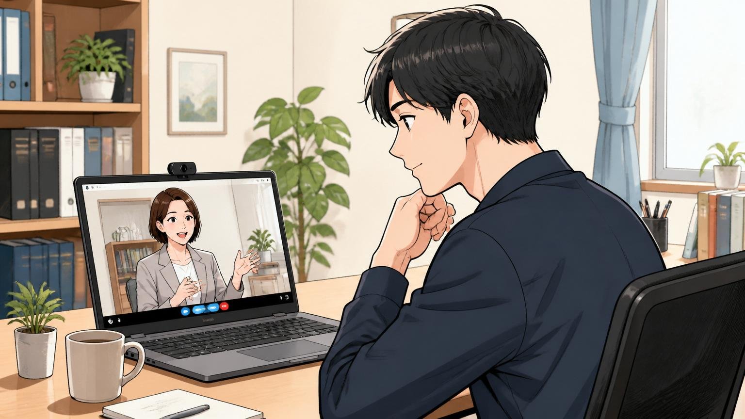 自宅のデスクでオンラインキャリア相談を受ける30代エンジニアが落ち着いた表情