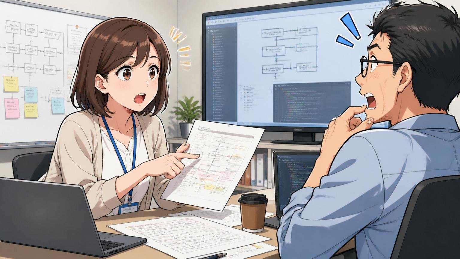 SIerの会議室で30代女性エンジニアが資料を見ながら同僚に質問