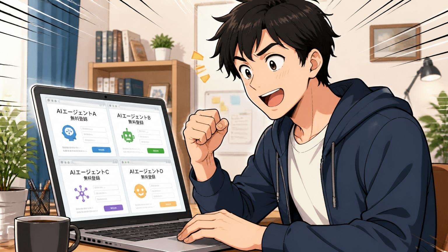 自宅のデスクで30代男性エンジニアがノートPCで複数のエージェントの無料登録ページを開き、迷いの晴れた表情で次の一歩を踏み出そうとしている