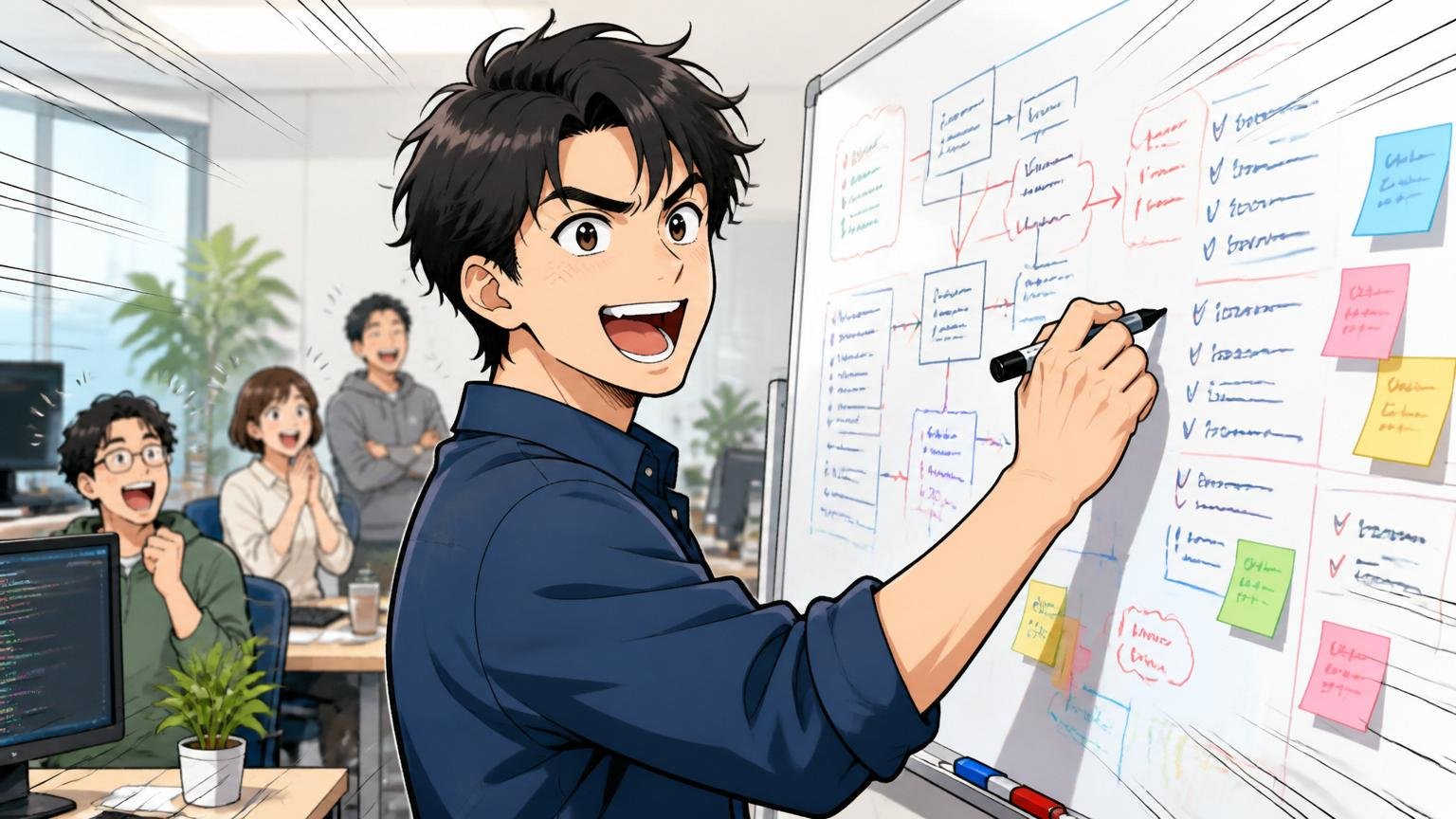 記事の要点を整理するWeb系自社開発のオフィスでホワイトボードに要点を書き出す中堅エンジニア1人達成感のある表情