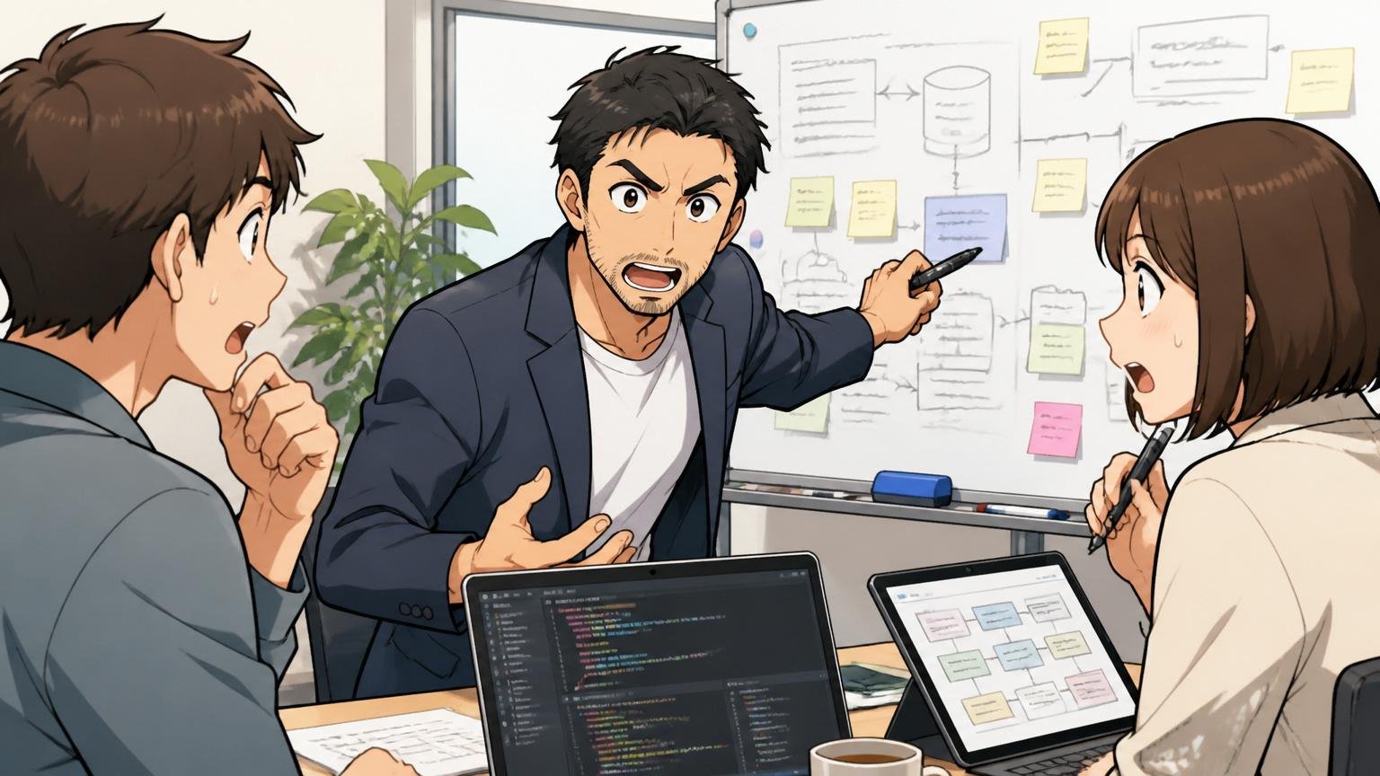 企業の会議室で技術スタックを深掘りする質問を投げかけるエンジニア出身アドバイザーと相談者2人