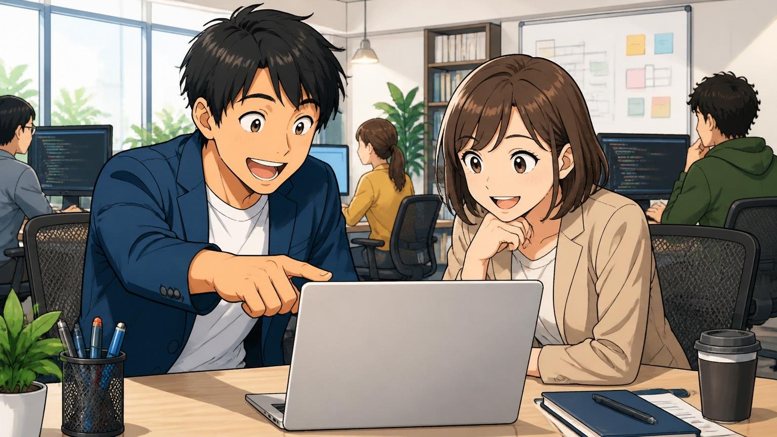 IT特化型エージェントとの面談、Web系オフィスで30代男女、画面を一緒に見る