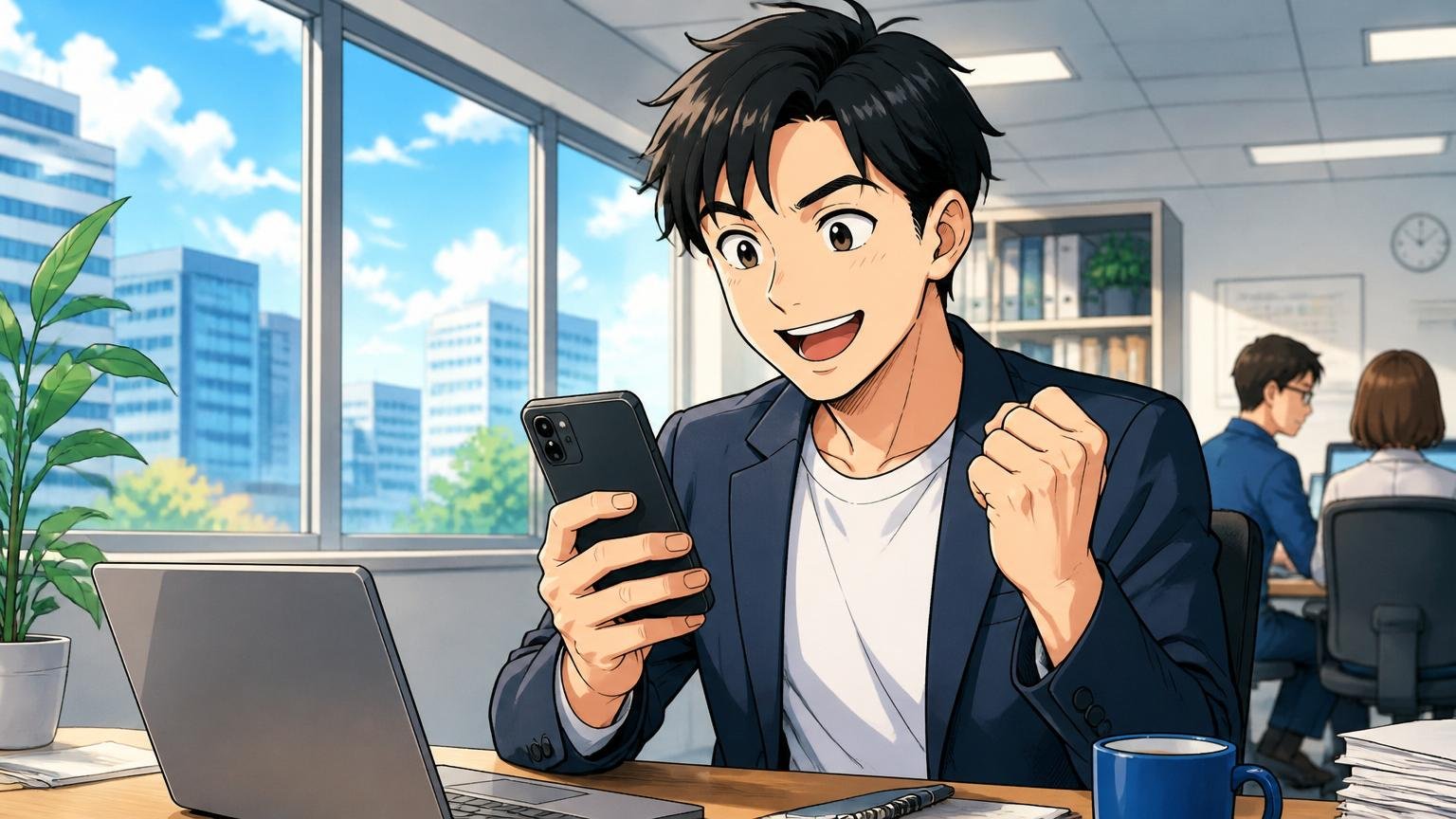 まず情報収集から始めよう経験者向けIT転職エージェント。オフィスの窓際で男性社員1人が前向きな表情でスマホを持つ