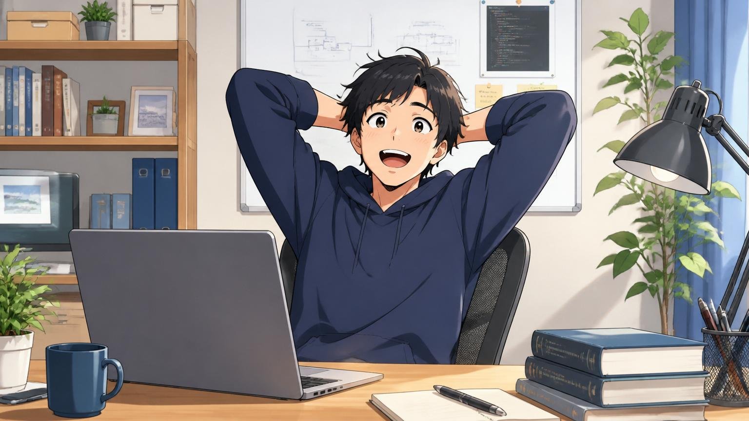 自宅のデスクでノートパソコンの記事を読み終え、長年の不安が晴れて前向きで穏やかな表情になったエンジニア