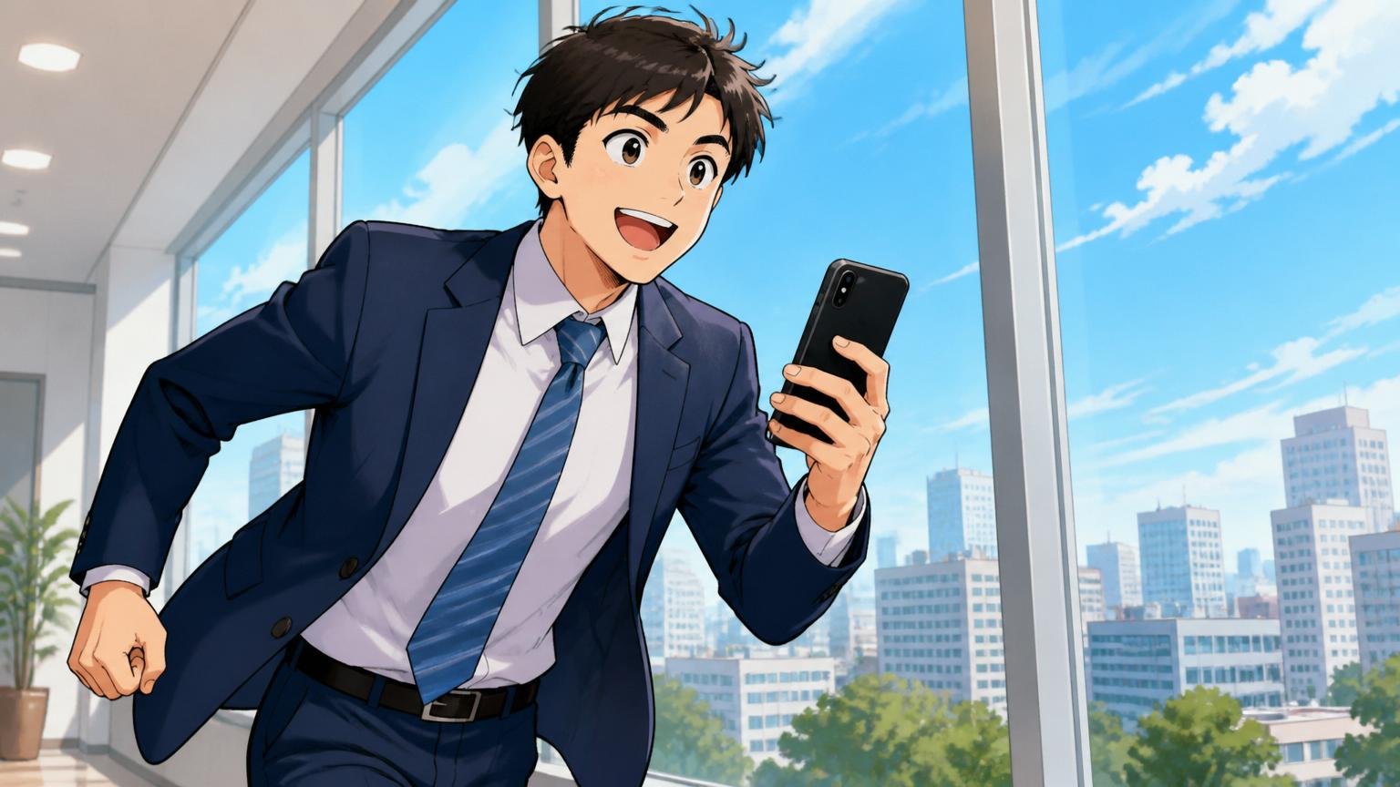 まずは無料で、あなたの市場価値を確かめることから。窓辺で社員が前向きな表情でスマホを手に一歩を踏み出す