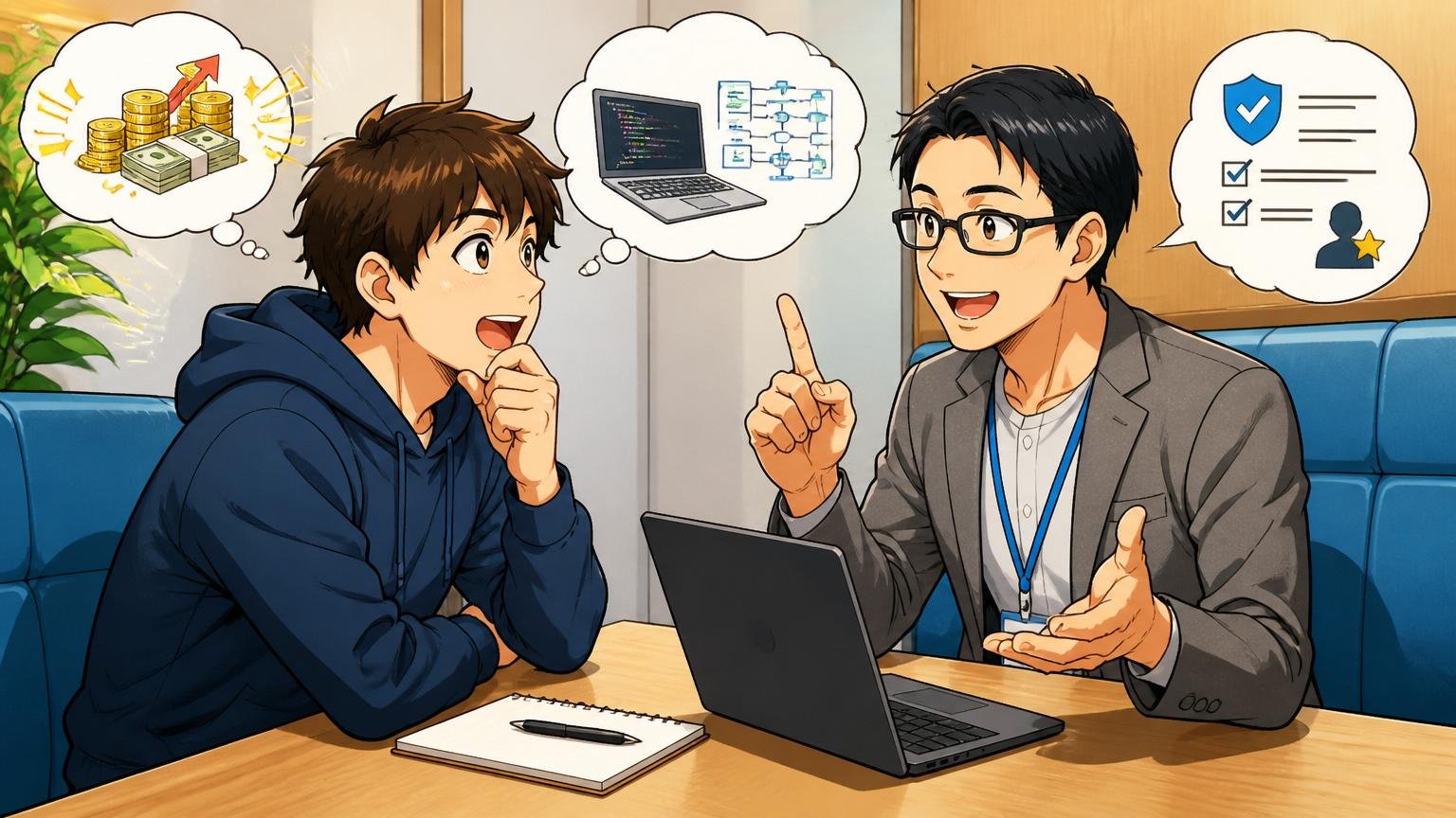 年収交渉とIT知識に強い経験者向けエージェントの選び方。面談ブースでアドバイザーと話す転職相談中のエンジニア2人