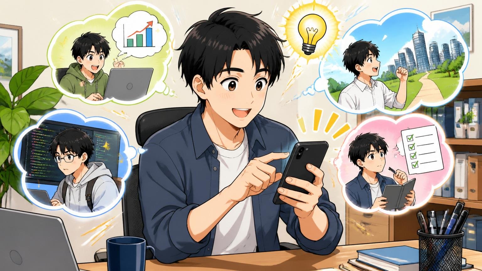 モヤモヤを次の一歩に変える無料の情報収集。自宅のデスクで明るい表情でスマホを操作する男性エンジニア1人