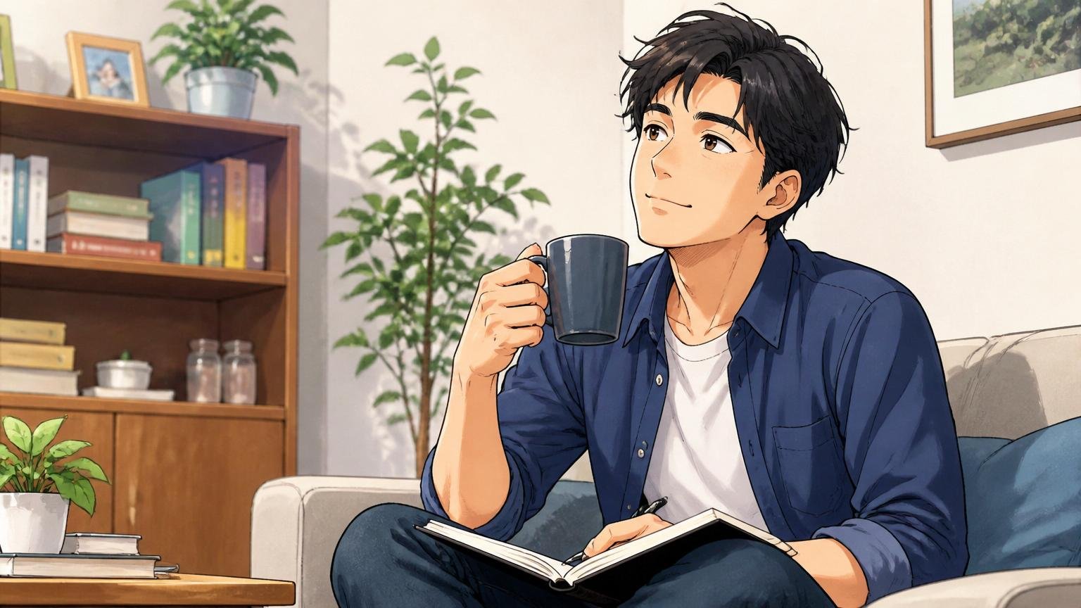 まずは無料で市場価値を聞いてみませんか 自宅で穏やかな表情で次の一歩を考える30代社員1人