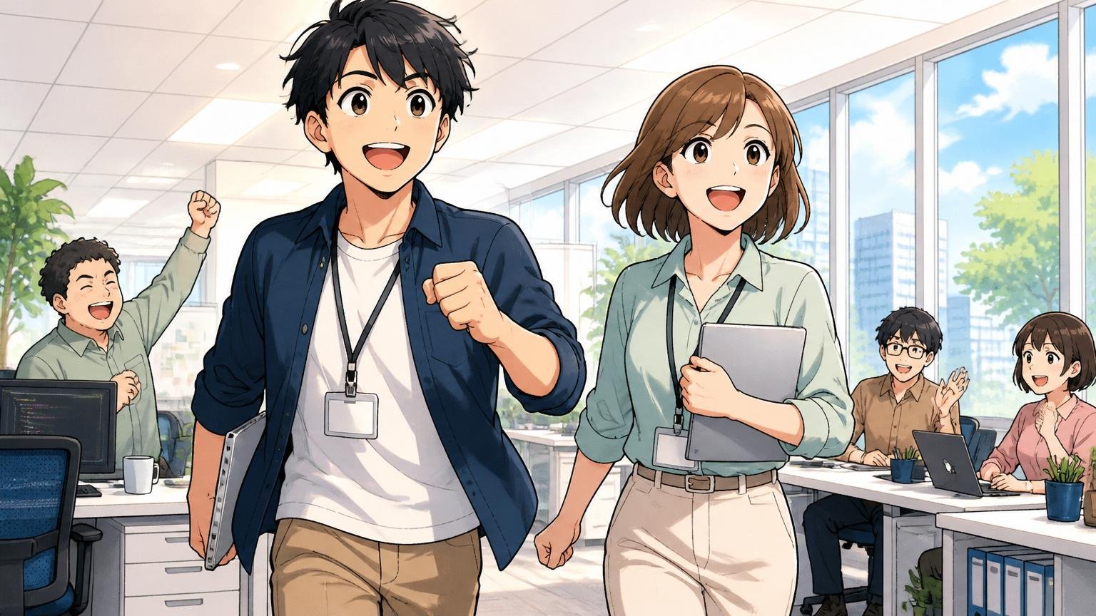 今日からできる3ステップ。明るいオフィスで20代男性と30代女性エンジニアが前向きな表情で歩き出す