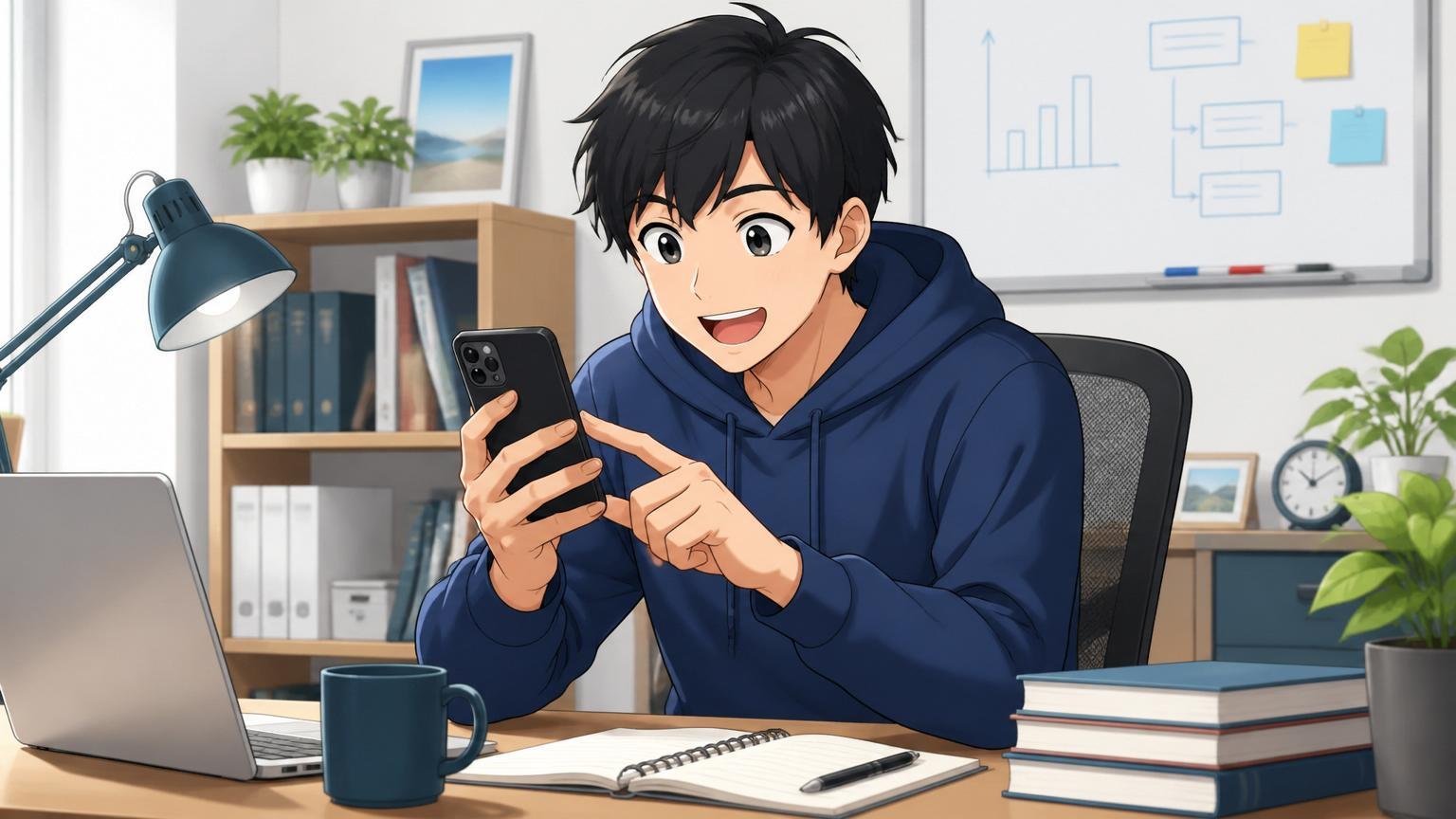 最初の一歩は辞表じゃなく情報収集でいい。自宅デスクで前向きな表情でスマホを操作する男性エンジニア