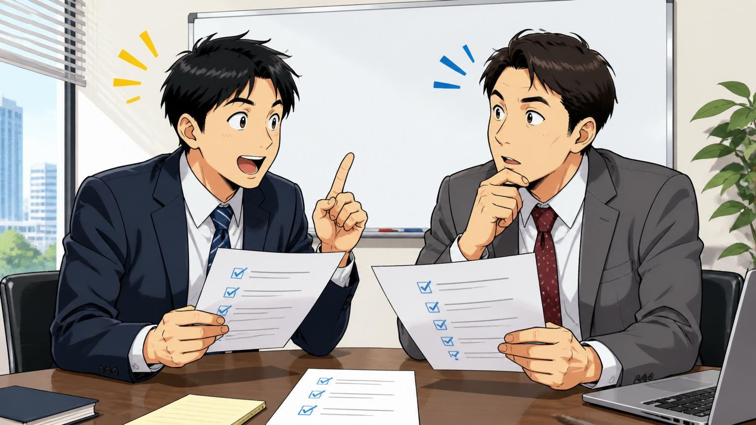 よくある質問テクノプロの年収と転職について。企業の会議室で30代社員2人が質問リストを手に話し合う