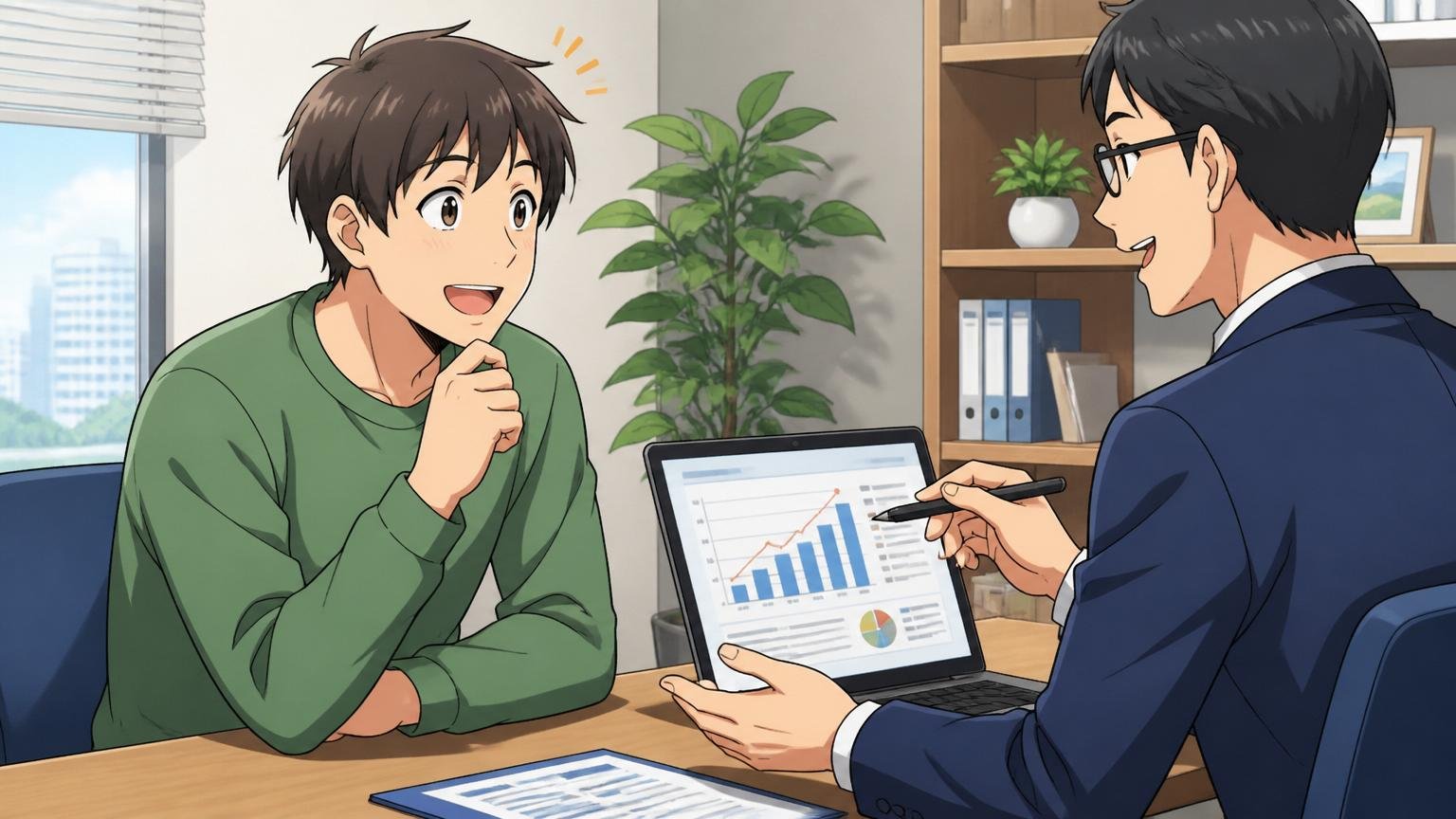 迷うならまず無料で市場価値を聞く。IT特化型エージェントの面談室で相談者が安心した表情で相談
