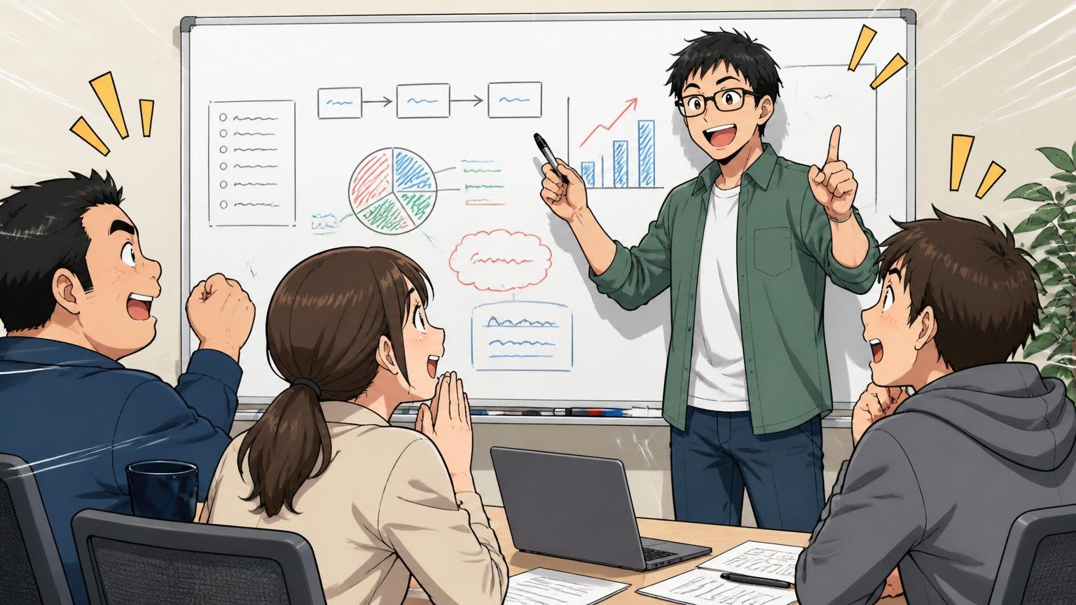 この記事の要点をおさらい。会議室で先輩エンジニアがホワイトボードの前でまとめを語る