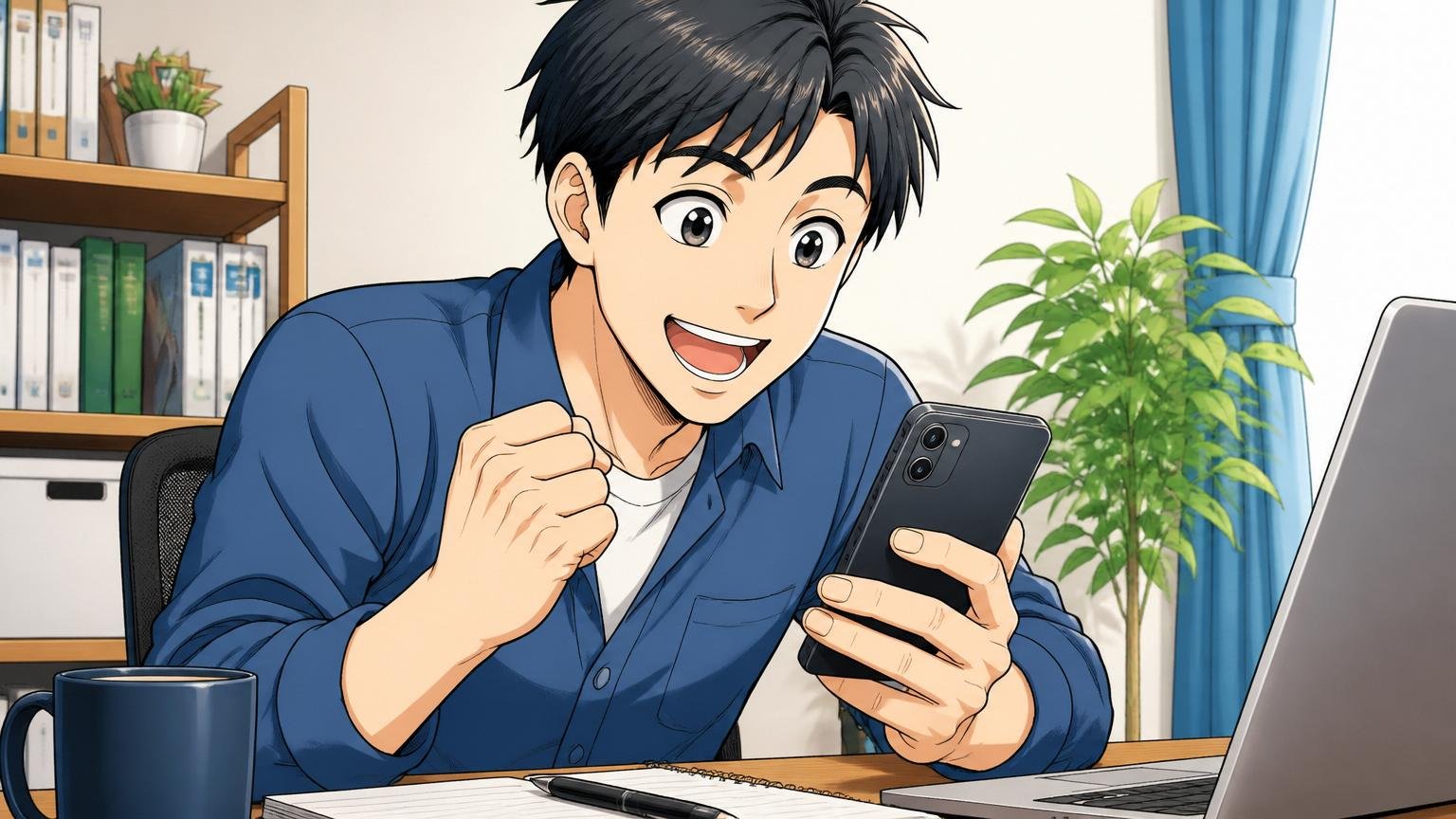 まずは無料で自分の市場価値を知ることから始めよう。自宅のデスクでスマホからエージェントに登録する社員1人