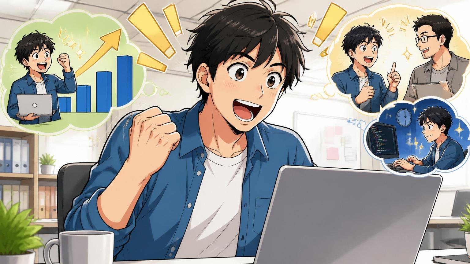 なぜ市場価値の把握から始めるべきか。オフィスでエンジニアが自分の価値に気づき前向きな顔
