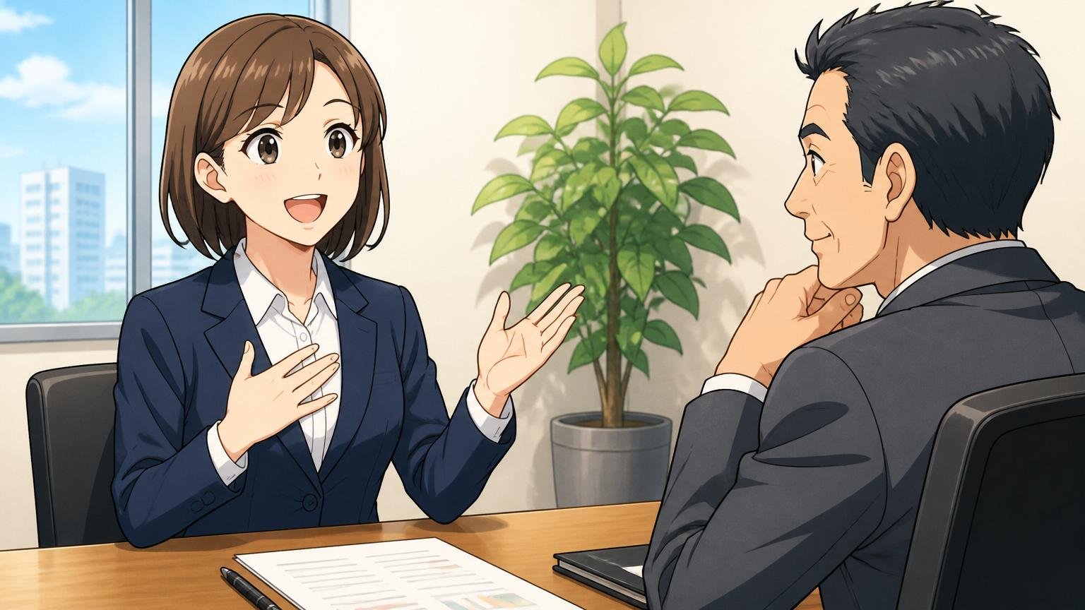 採用面接で自分の経歴を堂々と話す場面。企業の会議室で30代女性候補者が背筋を伸ばして話し、40代男性面接官が頷いて聞く。2人のシーン