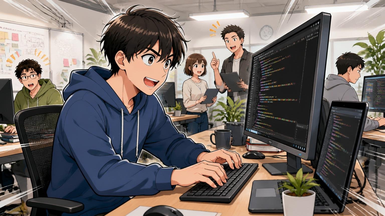 Web系スタートアップのオフィスでモダンな開発環境のディスプレイ前でコードを書く若手エンジニア