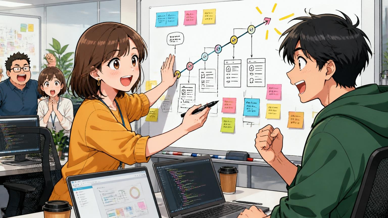 残るケース①所属事業が成長フェーズの初期にあるとき。Web系事業会社の新規事業フロアで、30代女性プロダクトマネージャーが30代男性エンジニアに新サービスのロードマップを示しながら盛り上がっている