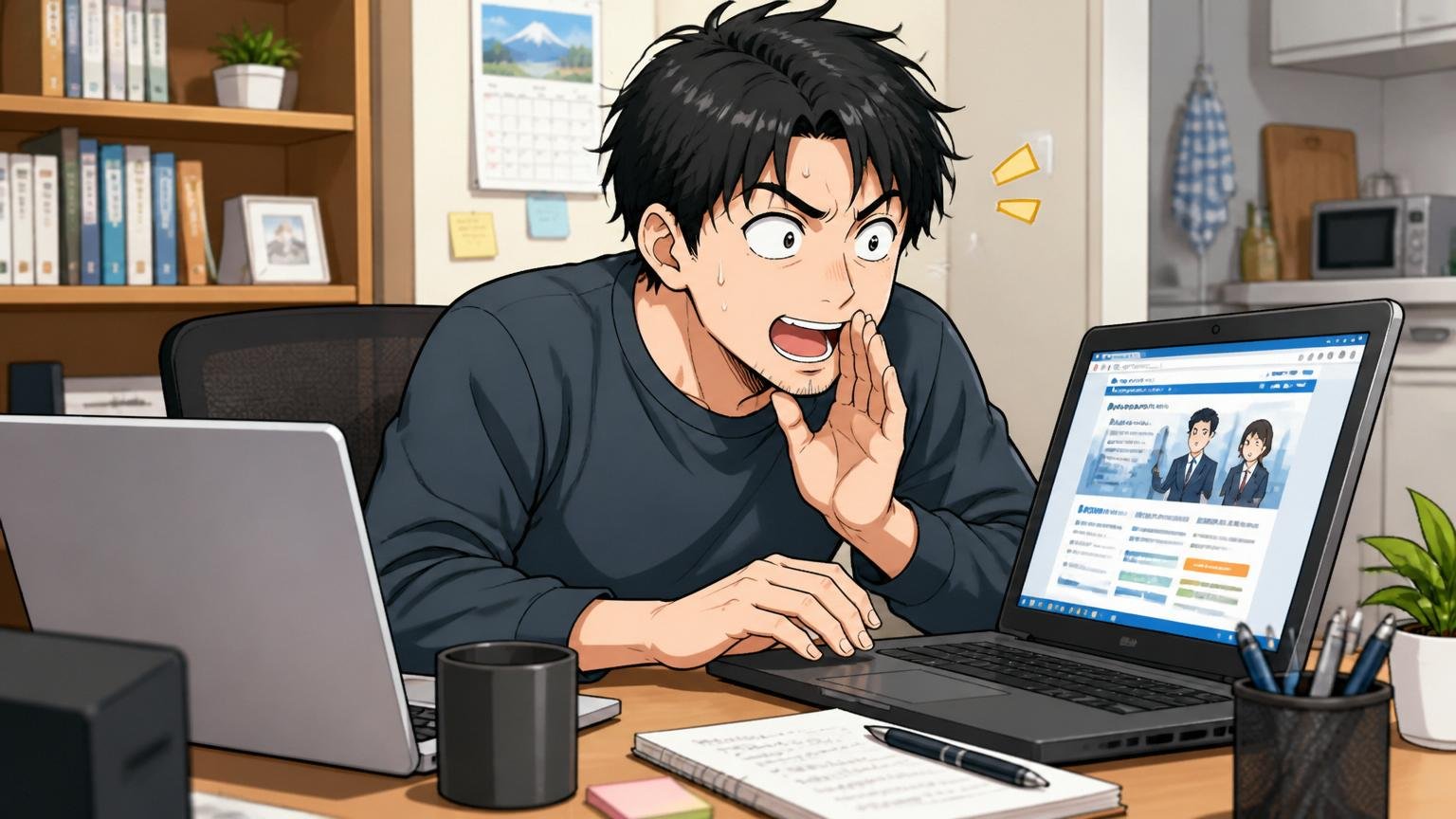 自宅のデスクで在宅勤務、昼休みにこっそり転職サイトを確認する30代エンジニア1人、ノートPC2台体制