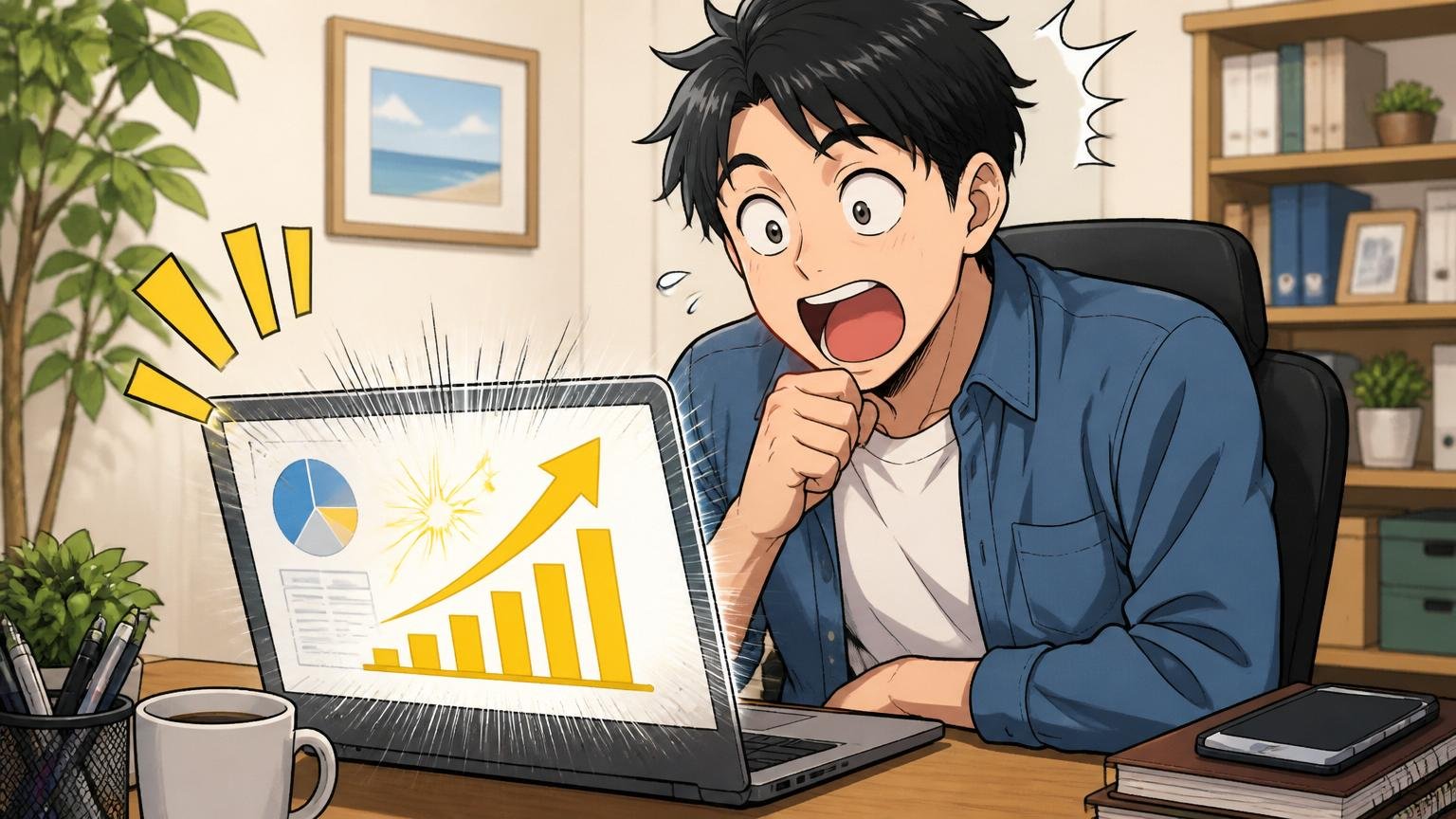 オンラインで年収診断を受ける転職検討者｜自宅のデスクで在宅勤務しながらPCで年収診断結果を見つめる30代男性