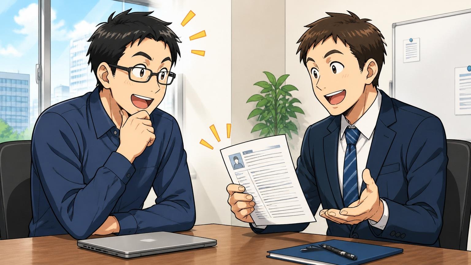 企業の会議室で面接の場面、30代エンジニア1人とエージェント1人が職務経歴書を見ながら笑顔で打ち合わせするシーン
