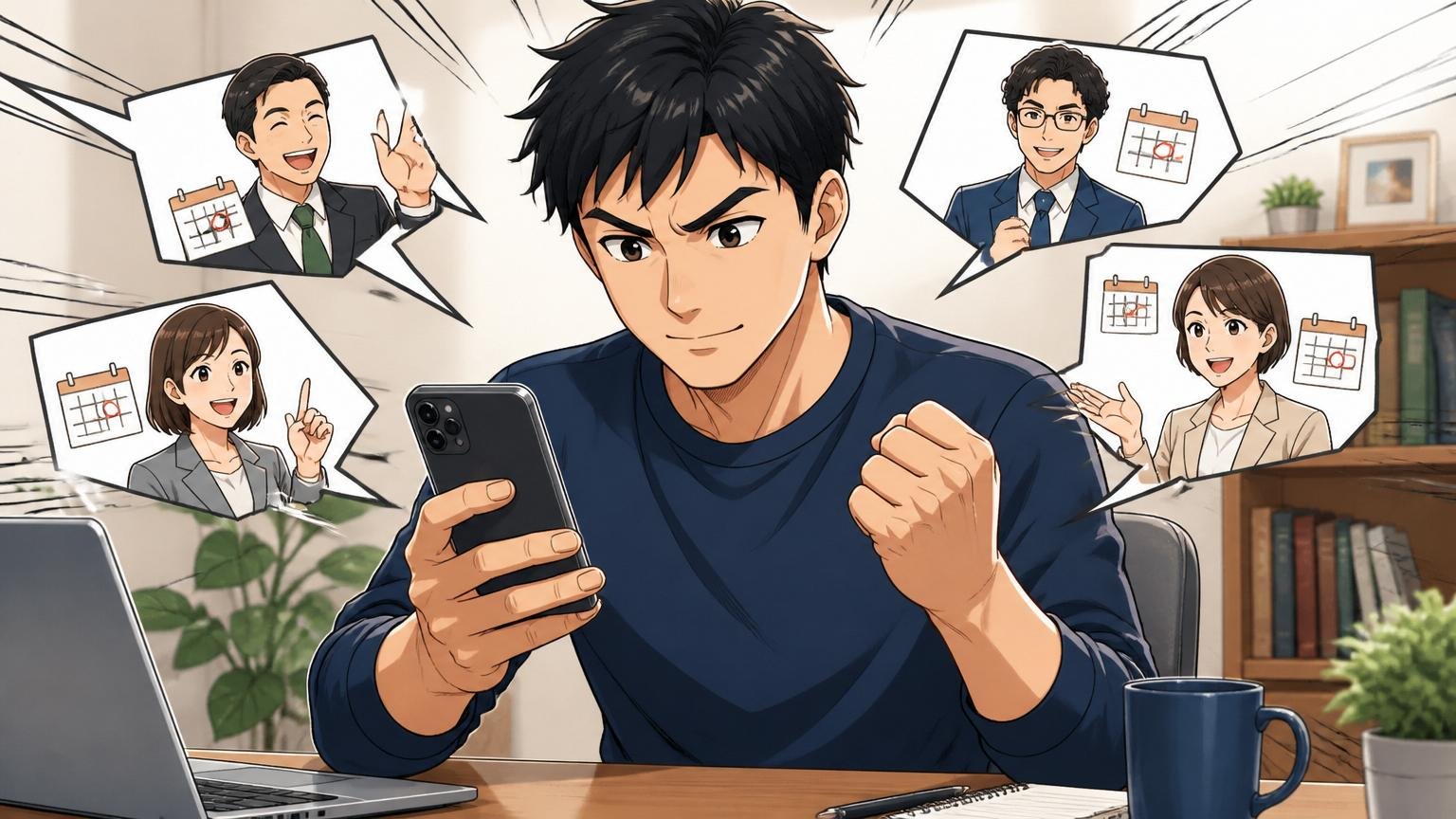 最後に転職を決める前に必ずやってほしい1つのこと。自宅のデスクで複数の転職エージェント面談予約をスマホで取る30代男性1人、決意の表情