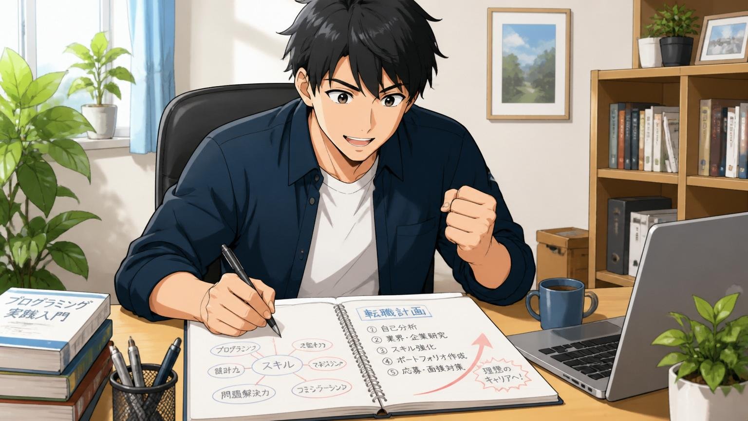 自宅のデスクで在宅勤務中、新しい転職計画を書き出す30代男性エンジニア1人。前向きな表情でノートを広げている