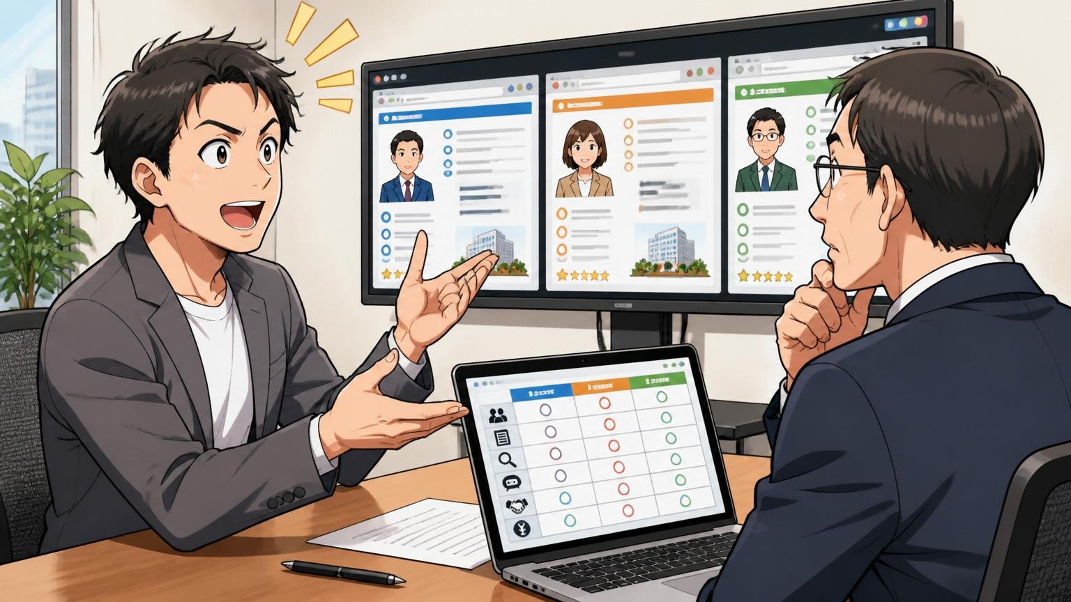 経験者向けIT専門エージェントを2〜3社併用するのが鉄則と説明するメンター、企業の会議室で面接、2人、複数の画面を見比べる説明表情