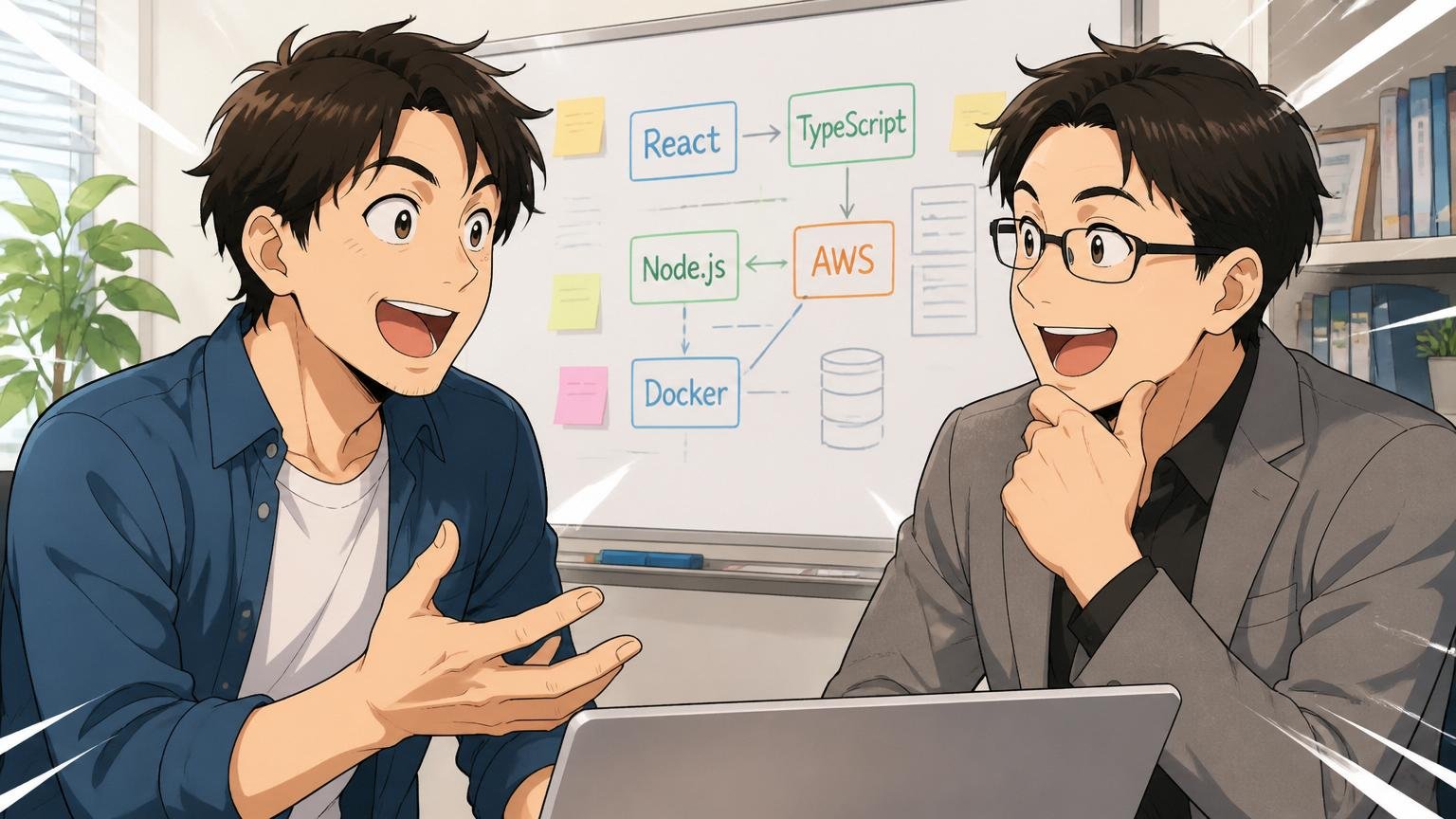 経験者向けIT専門エージェントを使うべき理由 / 転職エージェントのオフィスで技術スタックの話で盛り上がる30代男性1人とエンジニア出身アドバイザー1人、共感の表情