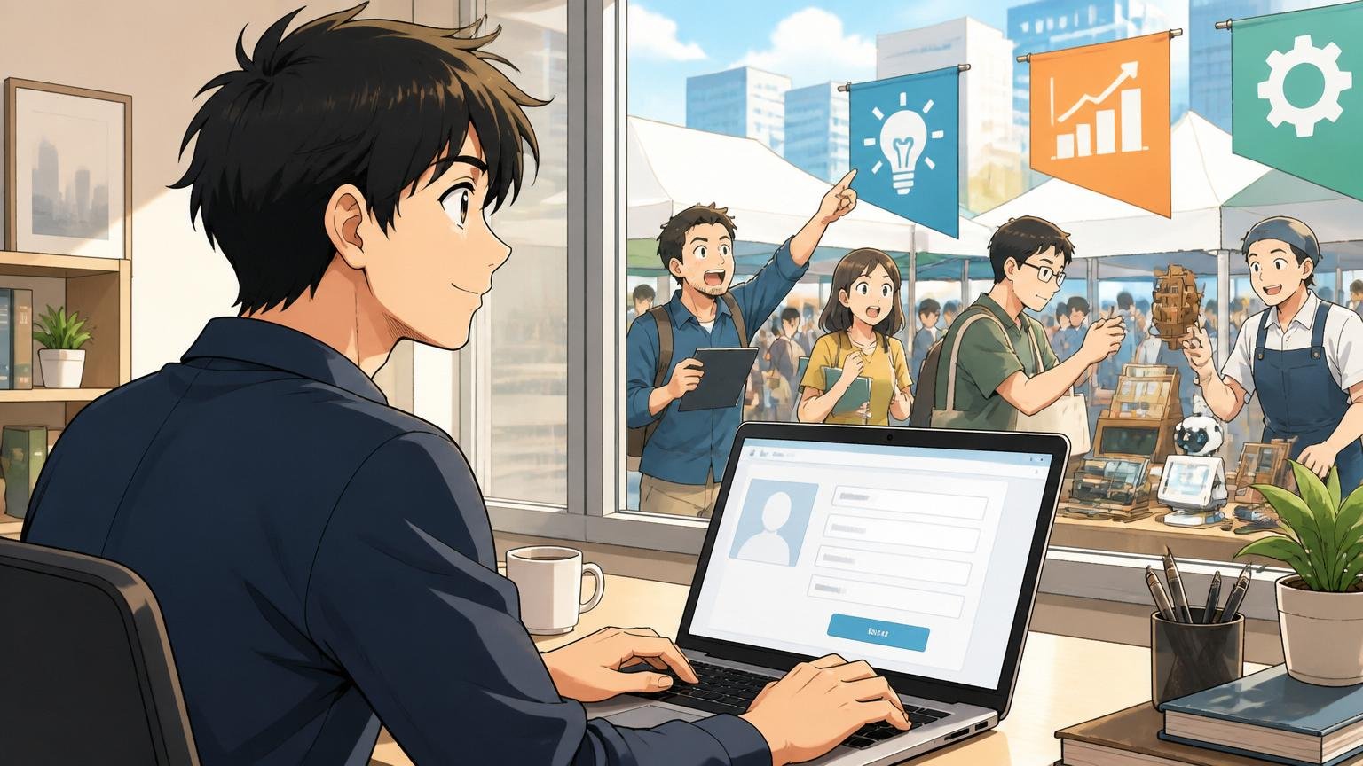 もう一度立ち止まって市場と向き合うあなたへ。穏やかな表情のエンジニアが新しいキャリアの一歩を踏み出すために登録画面を開く1人