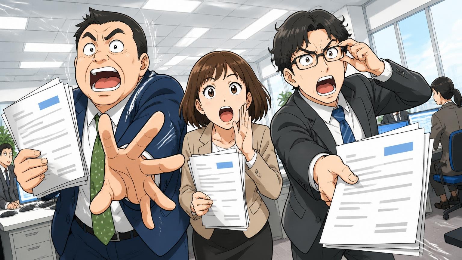 IT人材は構造的に不足している。市場はあなたを待っている、IT企業のオフィスで、複数社の人事担当3人が求人票を抱え採用候補者を探す