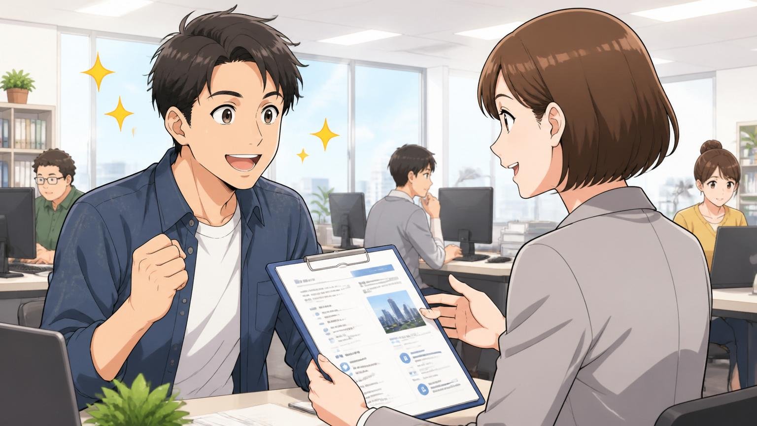 企業の明るいオフィスで30代エンジニアが転職エージェントから新しい求人の提案を受けて前向きな表情を浮かべている